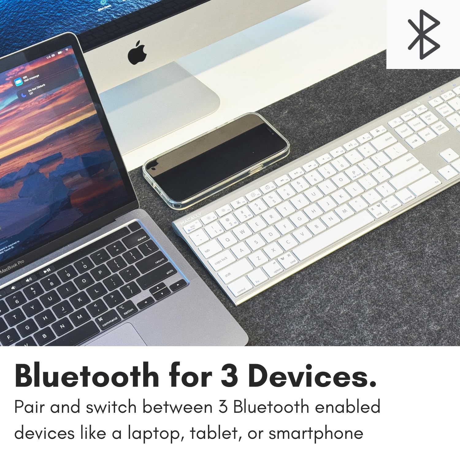 Macally Bluetooth Keyboard For Mac, Compatible Apple Keyboard Wireless With Numeric Keypad - Multi Device Keyboard For Macbook P