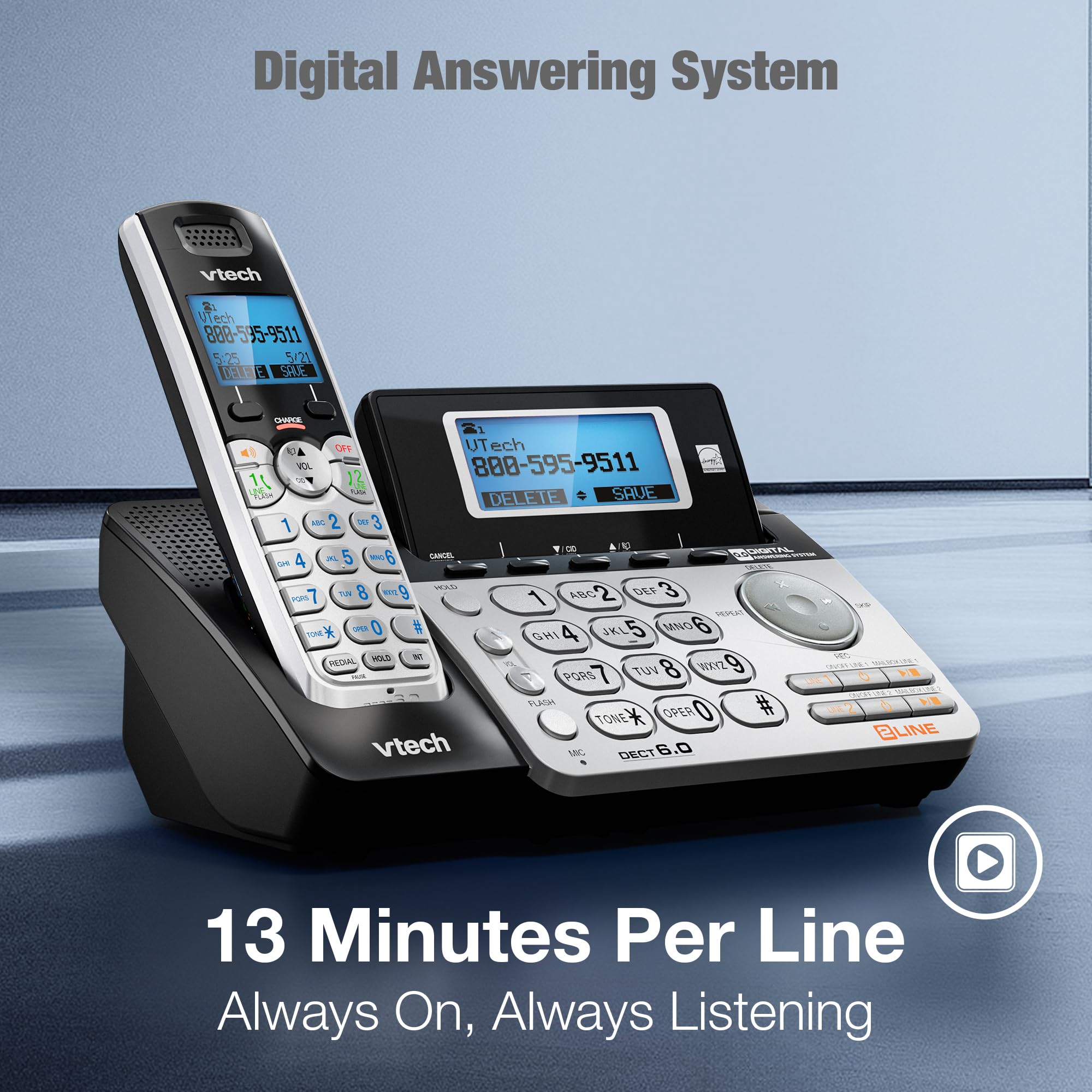 Vtech, Vteds6151, Vtech Dect 6.0 Two Line Telephone System, 1, Silver