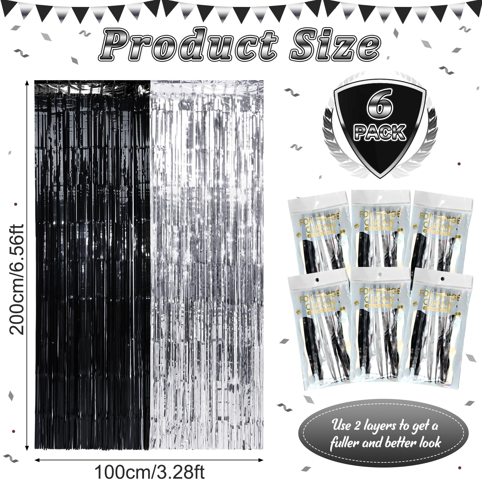 6 Pack 3.3Ft X 6.6Ft Graduation Foil Fringe Curtain Backdrop Decorations, Black Silver Metallic Tinsel Foil Streamers Curtain Ph