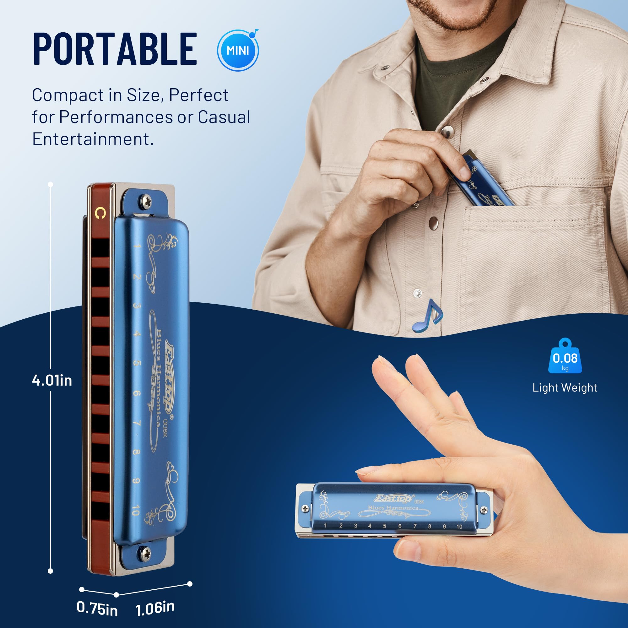 East Top Diatonic Harmonica Key Of E, 10 Holes 20 Tones 008K Diatonic Blues Harp Mouth Organ Harmonica With Blue Case, Standard