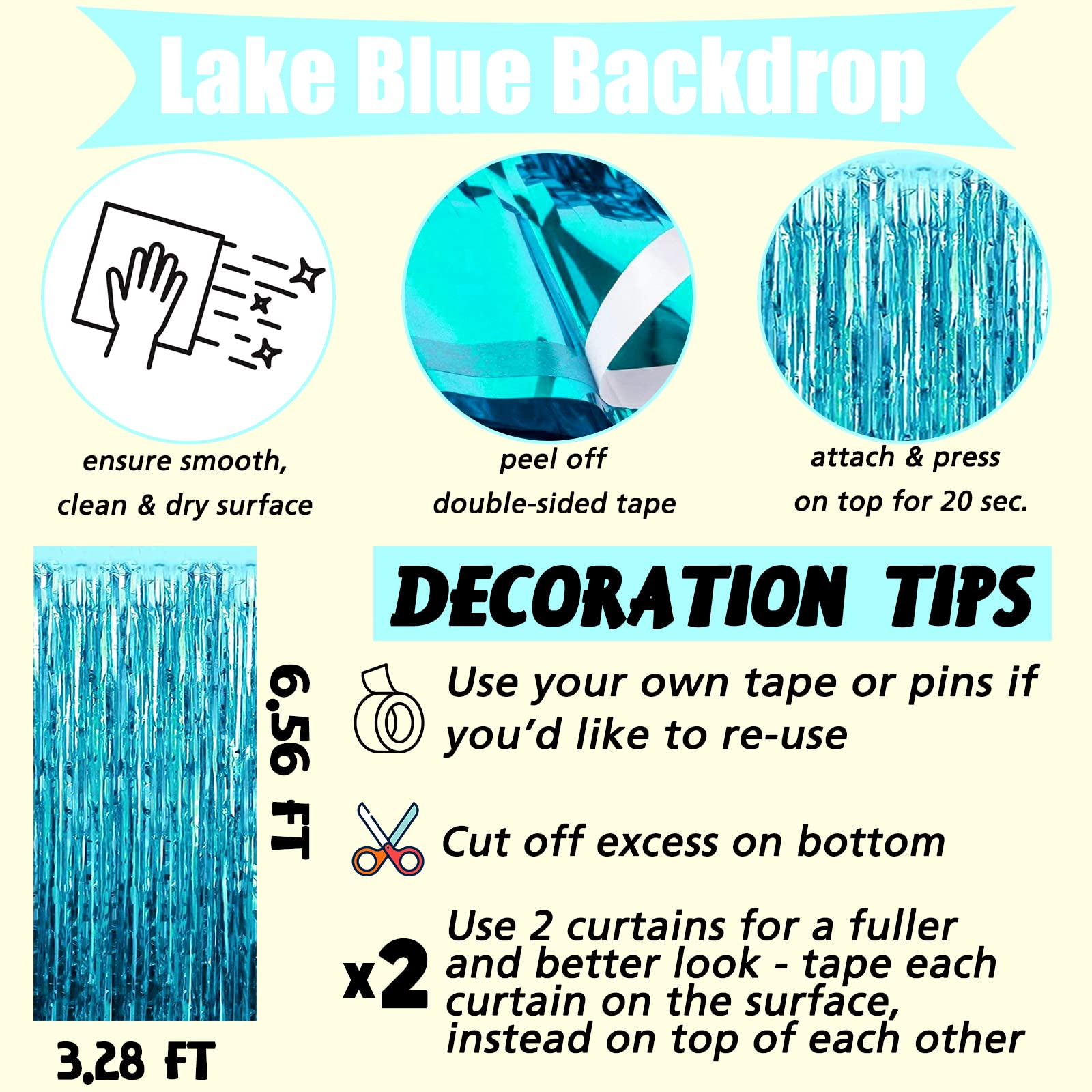 4 Pack Lake Blue Fringe Curtain Backdrop, 3.2Ft X 6.6Ft Metallic Tinsel Foil Fringe Streamers Curtains Background For Photo Boot