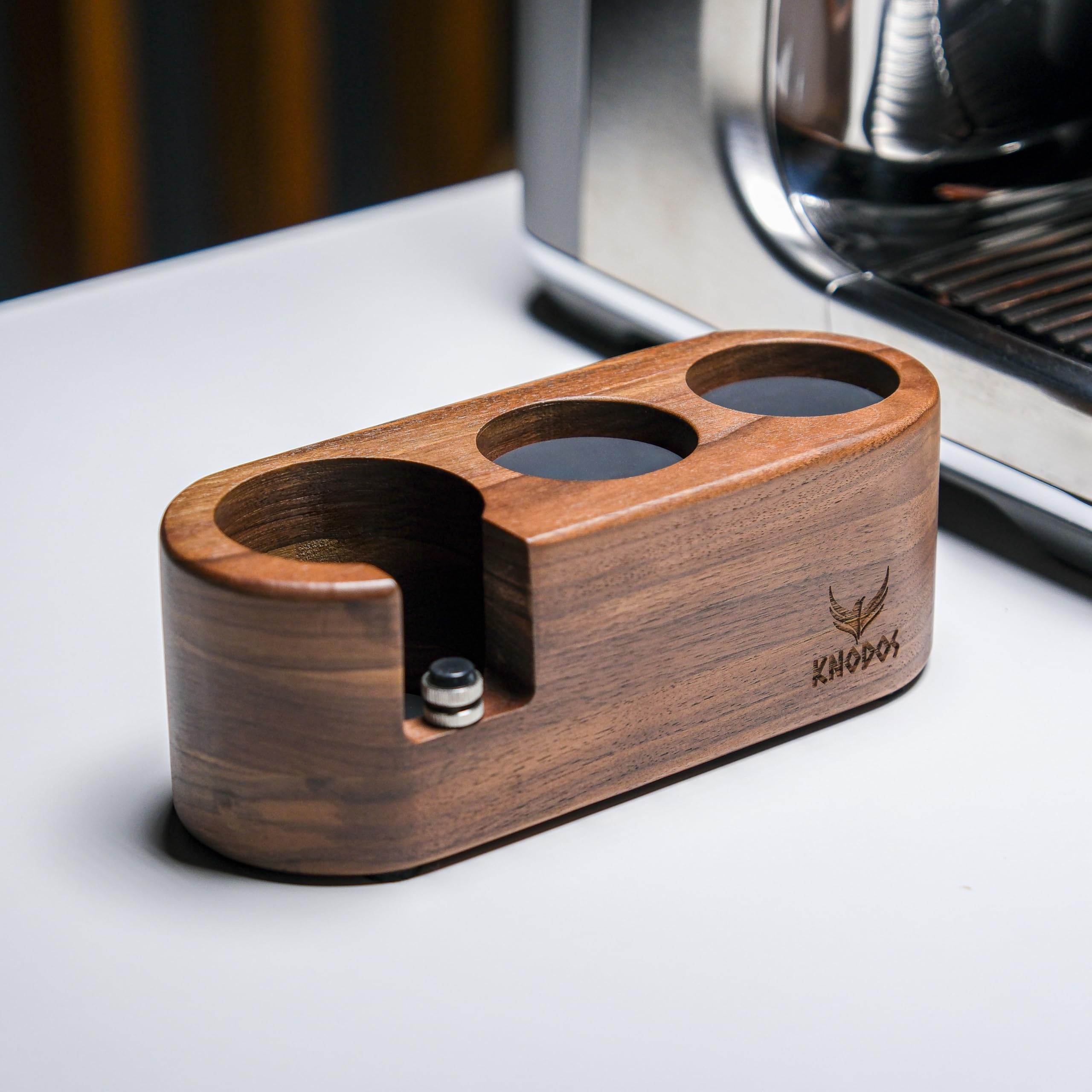 Walnut 58Mm Espresso Tamping Station V2 Knodos Espresso Machine Accessories For Coffee Bar Wooden Coffee Tamper Stand And Portaf