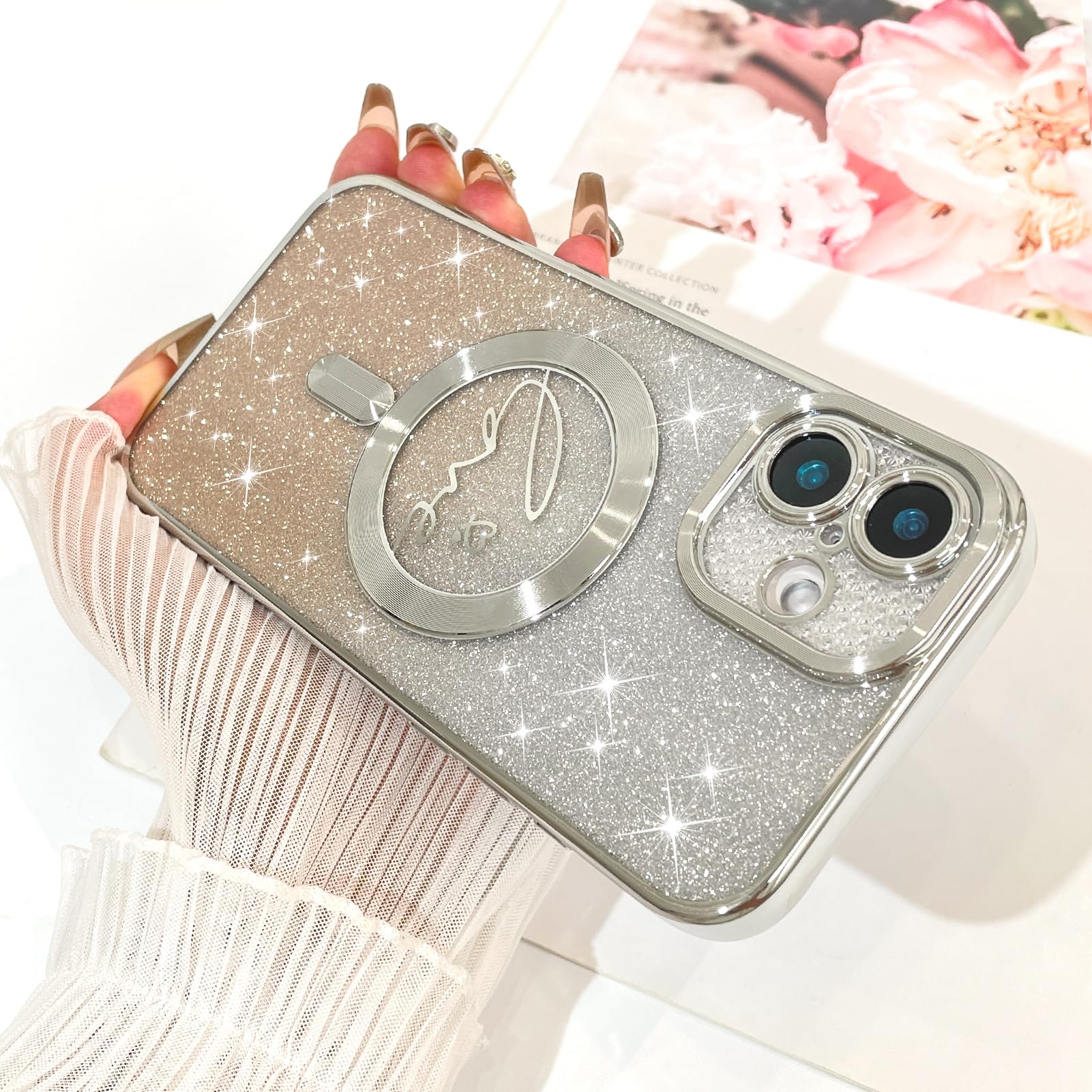 Fiyart Designed For Iphone 16 Case,Compatible With Magsafe Plating Camera Protection Love Hearts Phone Clear Case, Magnetic Glit