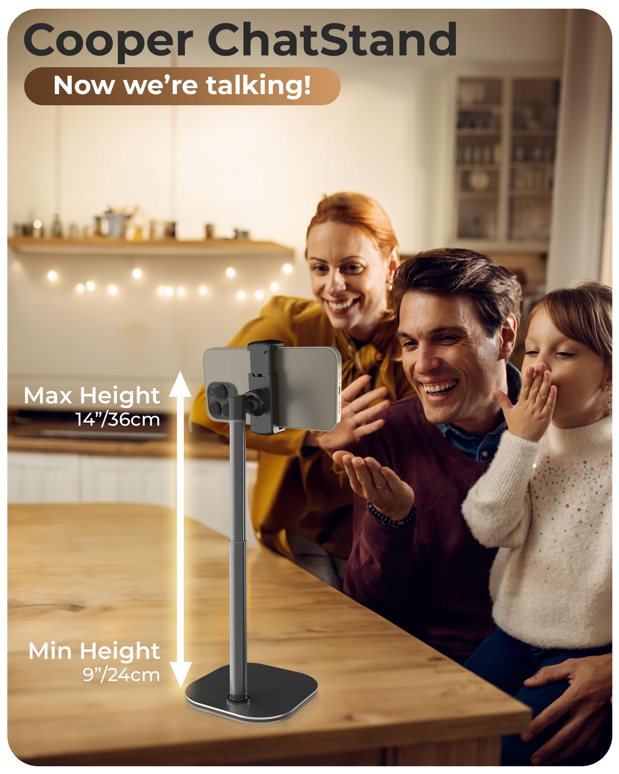 Cooper Chat Stand, Height Adjustable Cell Phone Stand For Desk | Rotating, Tilting Cell Phone Holder For Desk With 9 14'' Eye Le