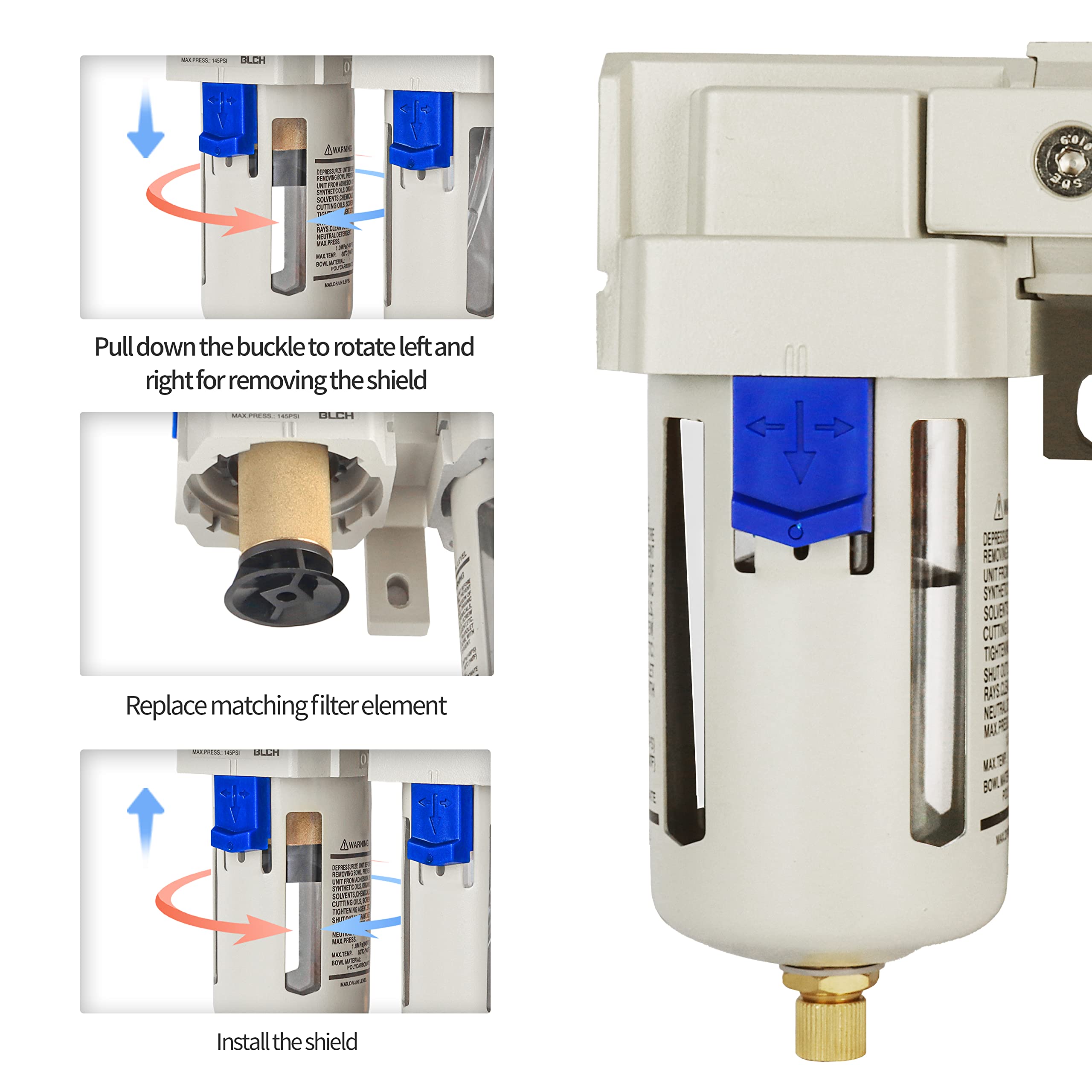 Blch 1/2'' Npt Compressor Air Dryer   Double Air Compressor Filter Air Compressor Regulator Ac4000 04 Semi Auto Drain Poly Bowl