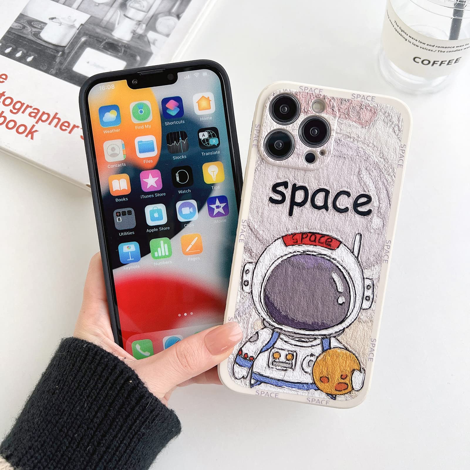 Yonds Queen iPhone 11 Case Cute Cartoon Astronaut Space Moon Planet Design TPU Rubber Protective Shockproof Cover Draw White