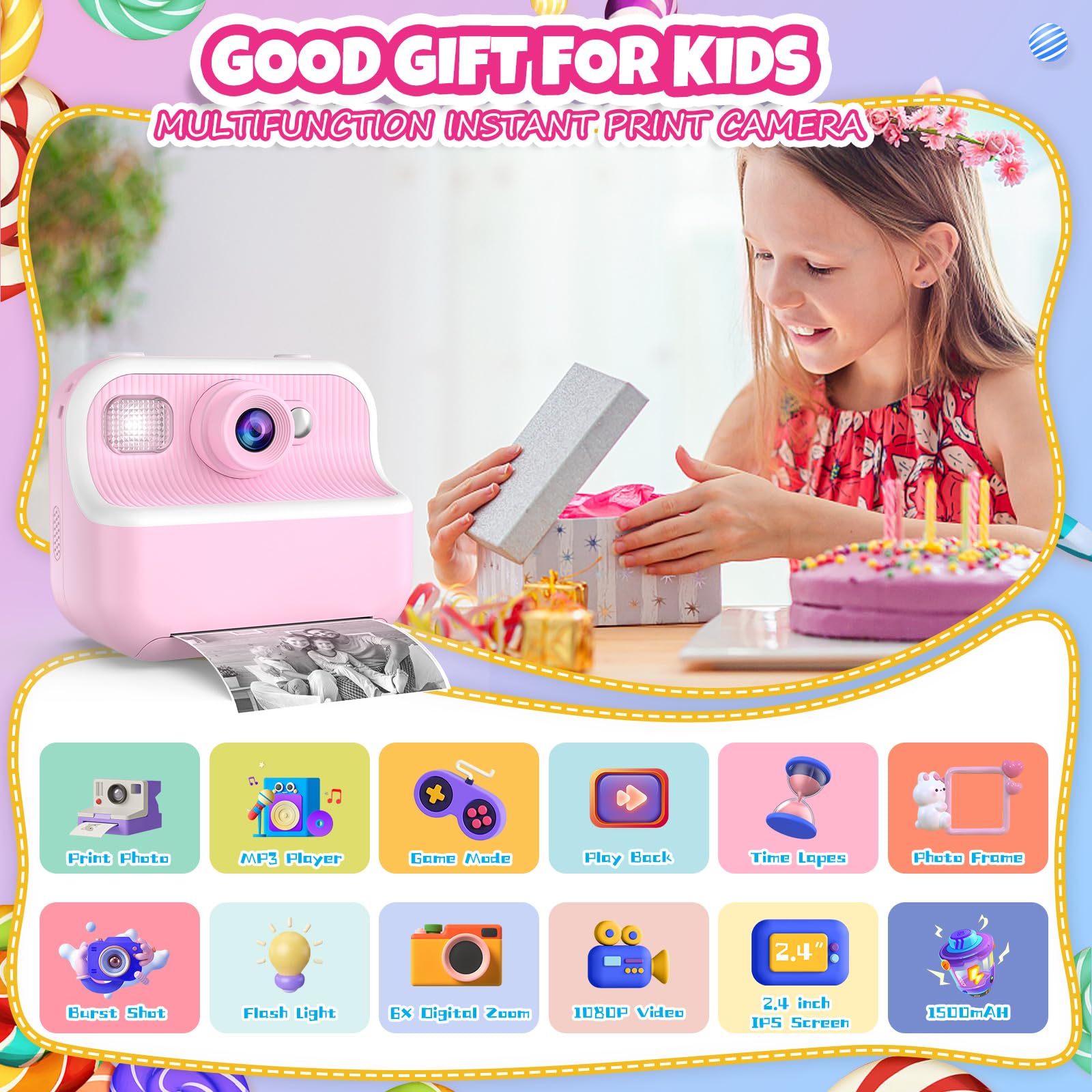 Kids Camera Instant Print,1080P Hd Instant Photo Camera Christmas Birthday Gifts For Girls Age 3 12,Toddler Camera Toys For 3 4