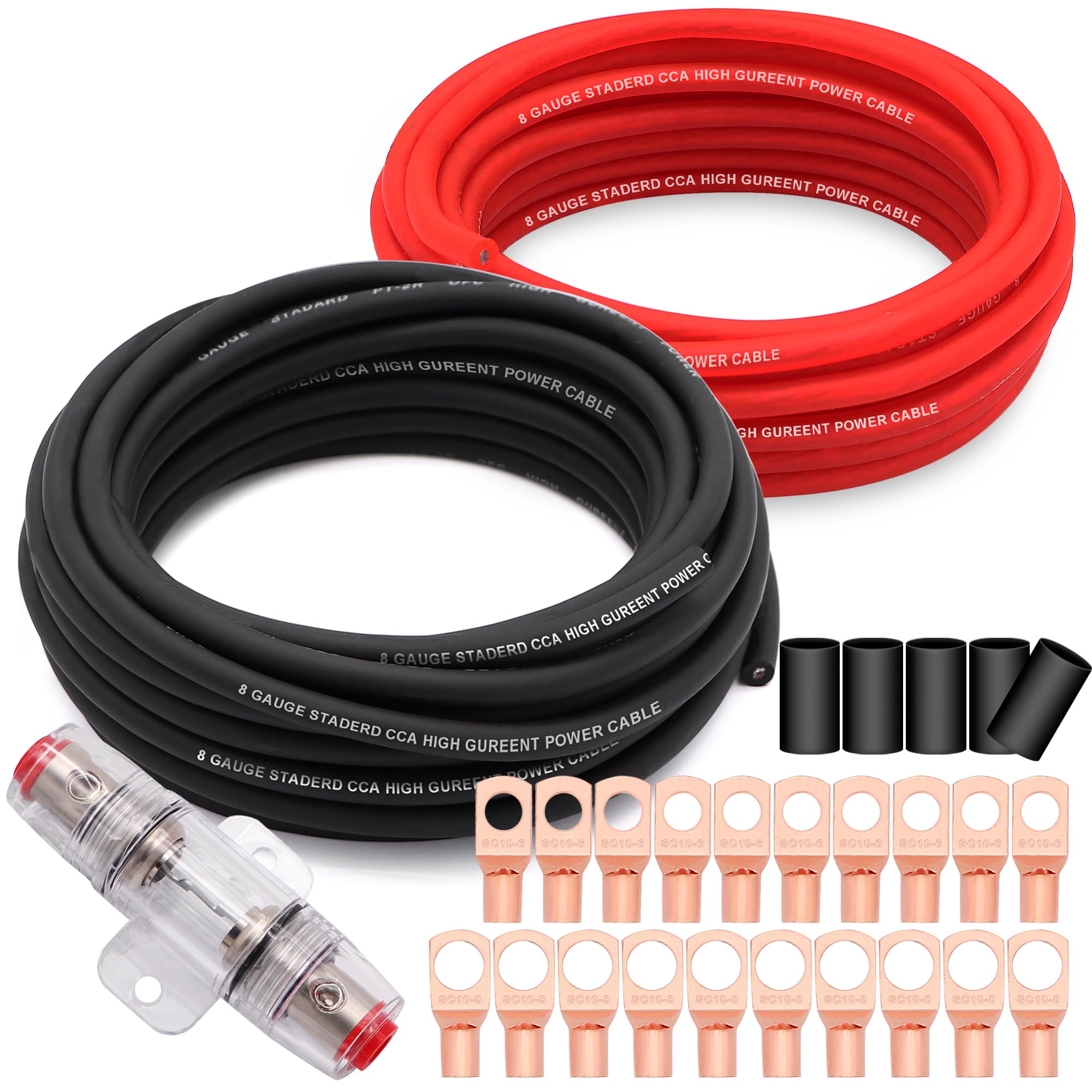 Taukealugs 8 Gauge Wire Copper Clad Aluminum Cca 50Ft Black/Red With 8Ga Lugs,60A Fuse Holder And Heat Shrink Tube   Battery Pow