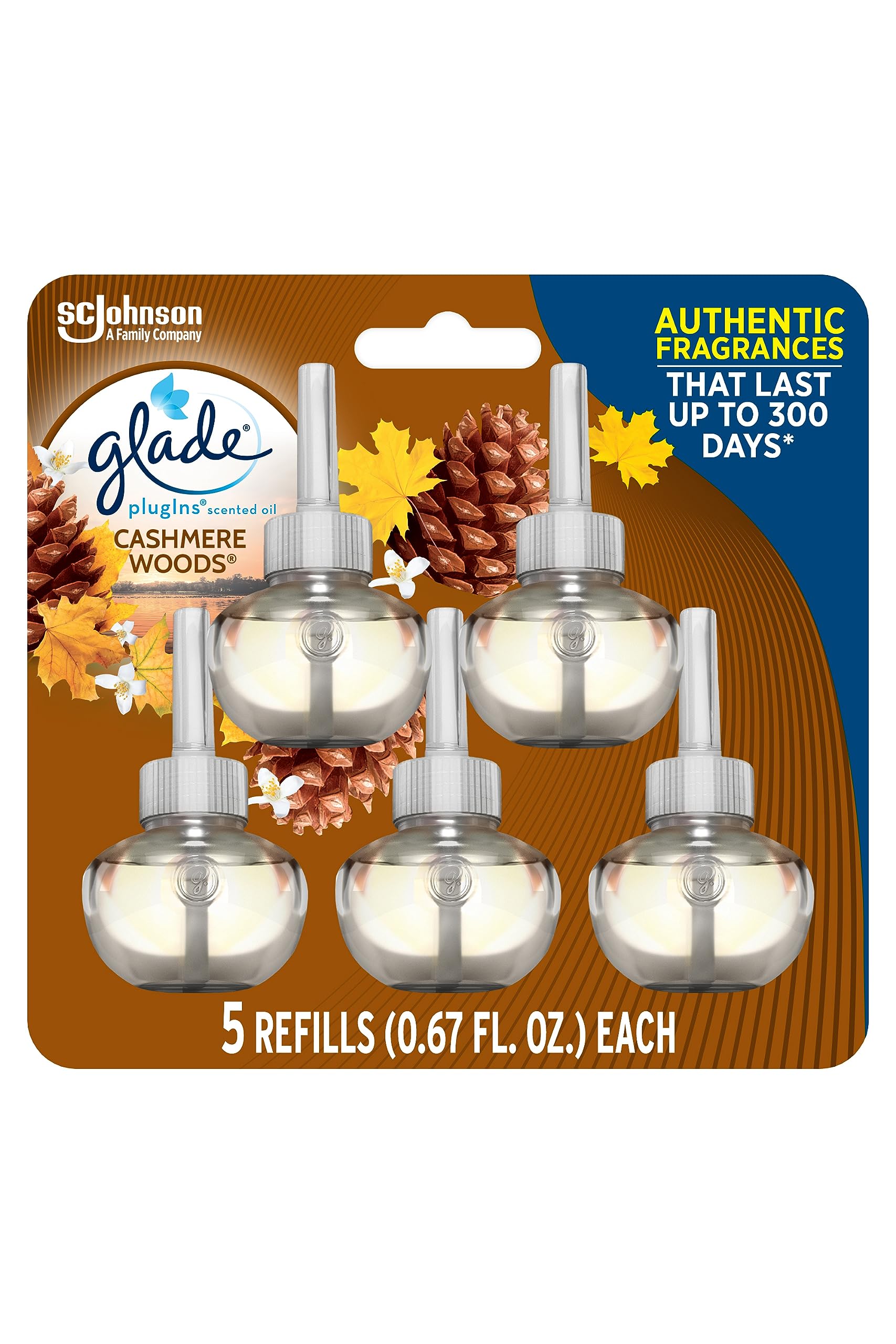 Glade Plugins Refills Air Freshener, Scented And Essential Oils For Home And Bathroom, Cashmere Woods, 3.35 Fl Oz, 5 Count ( Pac