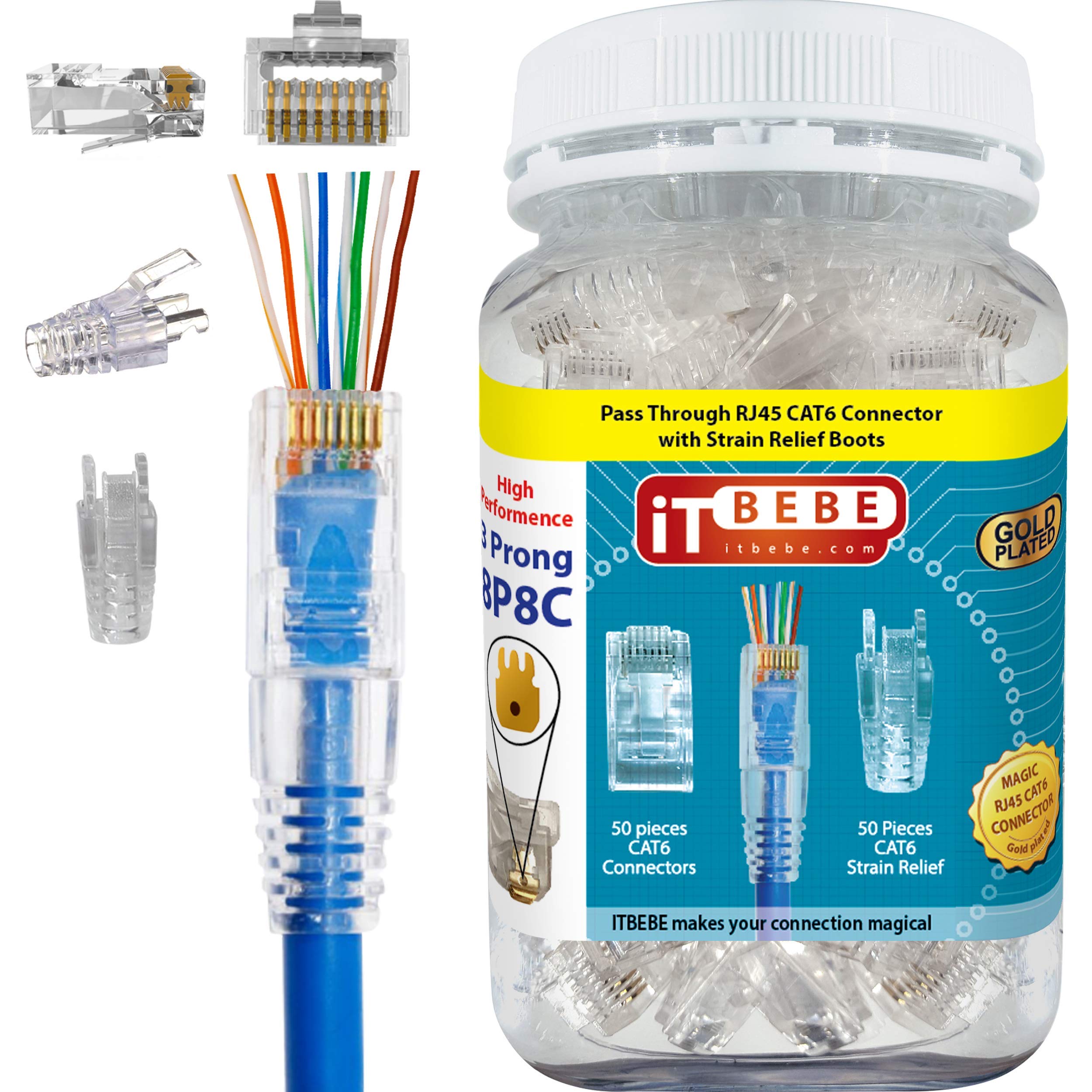 Itbebe Gold Plated Pass Through Rj45 Cat6 3 Prong Connectors And Cable Strain Relief 50/50 Kit For Clean, Snag Free Patch Cords 