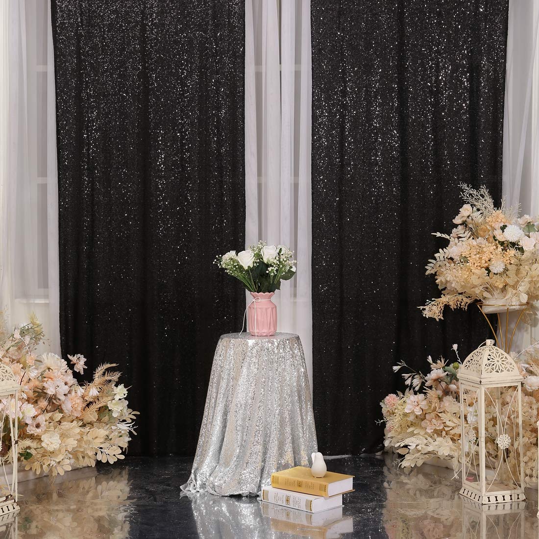 Black Sequin Backdrop Curtain Black Halloween Backdrop 2 Panels Glitter Backdrop Curtain For Party, Birthday,Wedding Decorations