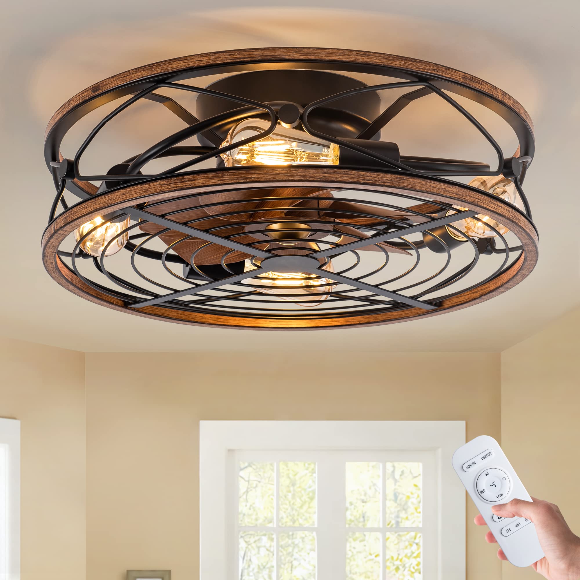 TIFEROR Caged Ceiling Fans with Lights, 20 in Bladeless Ceiling Fan with Remote Control, 3 Speeds Low Profile Modern Enclosed Ce
