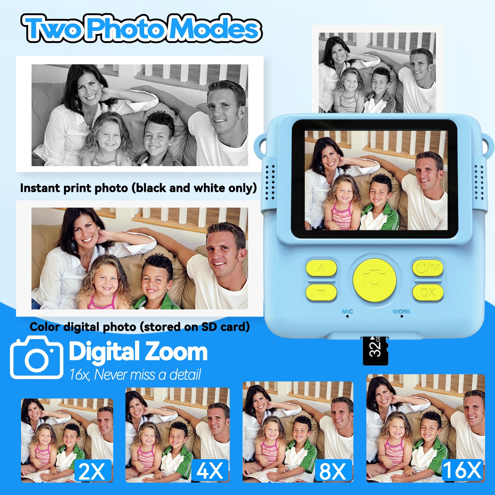 Instant Print Camera For Kids With 3 Rolls Of Printer Paper, 1080P Toddler Digital Camera Toys For Age 3 12 With 32Gb Sd Card, Christmas & Birthday Gifts For 3 4 5 6 7 8 Year Old Girls & Boys (Blue)