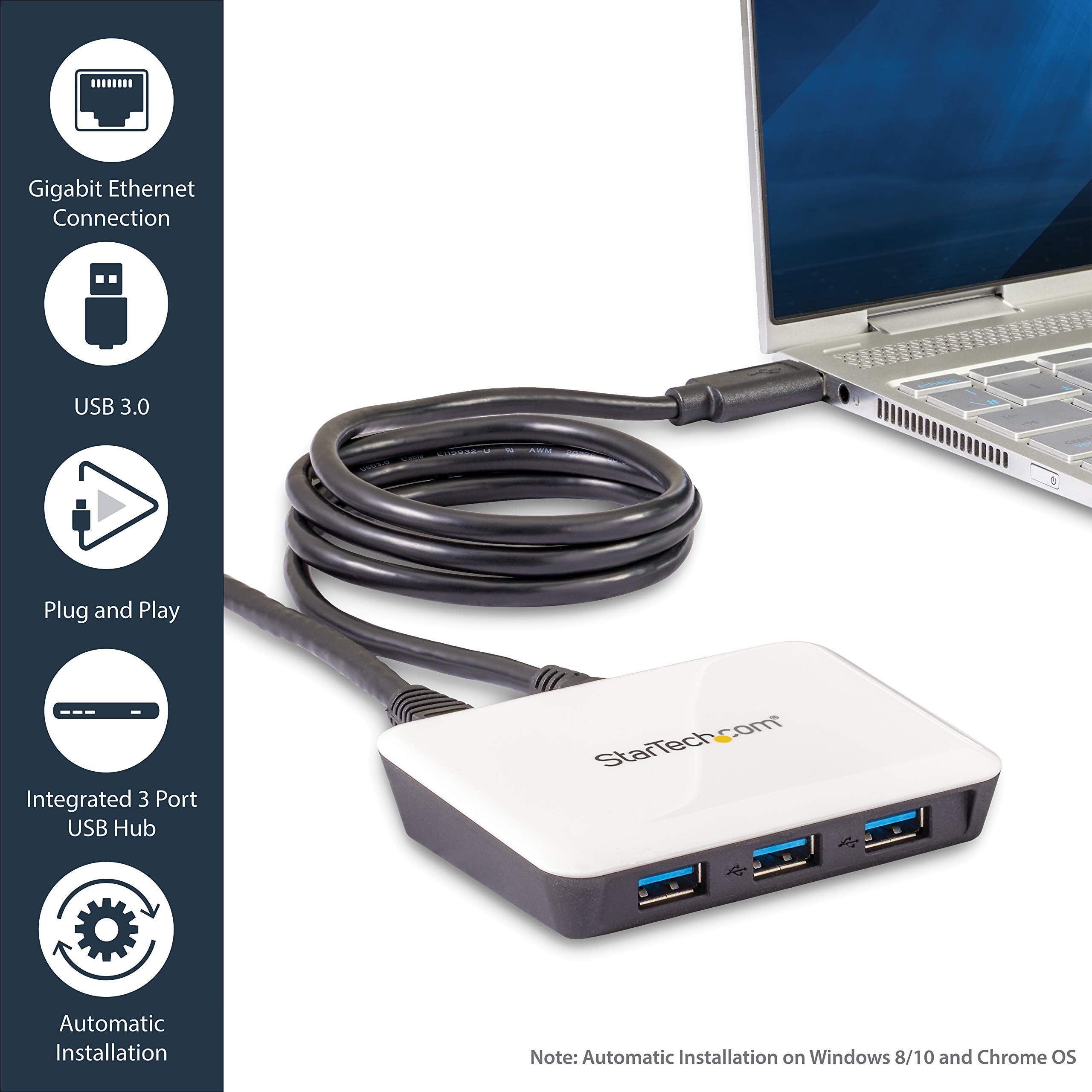Startech.Com Usb 3.0 To Gigabit Ethernet Nic Network Adapter With 3 Port Hub   White   Usb 3 Ethernet Adapter   Usb Charging Hub