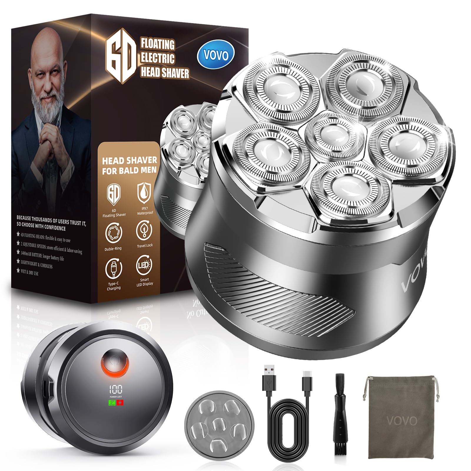 Vovo Head Shavers For Bald Men 2 Speed 6D Electric Face Head Shaver Large Capacity Cordless Type C Rechargeable Ipx7 Waterproof