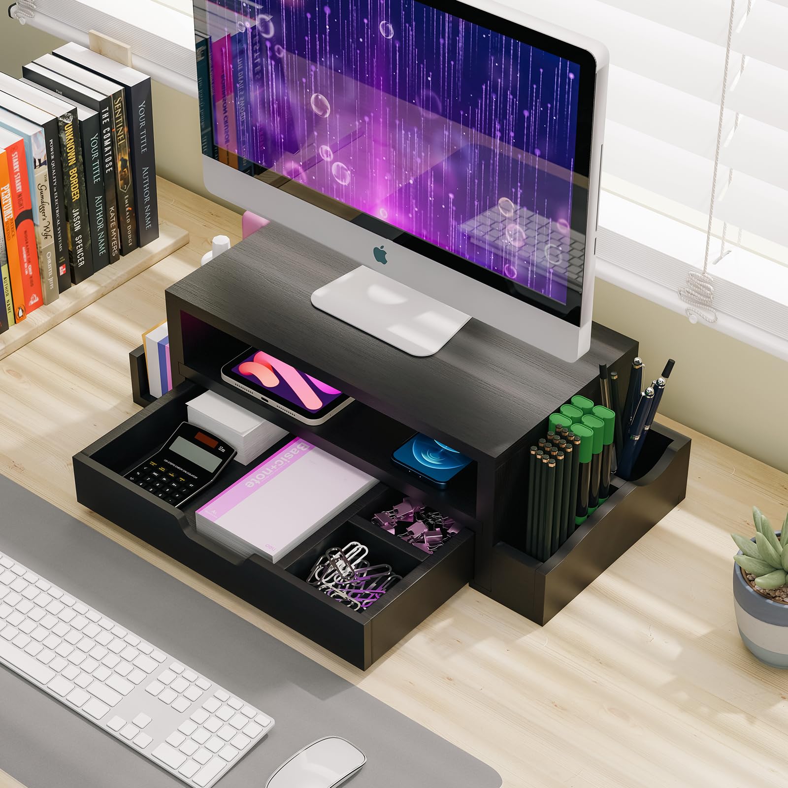 Simple Trending Monitor Stand Riser And Computer Wood Desk Organizer With Drawer And Pen Holder For Laptop, Computer, Imac, Blac