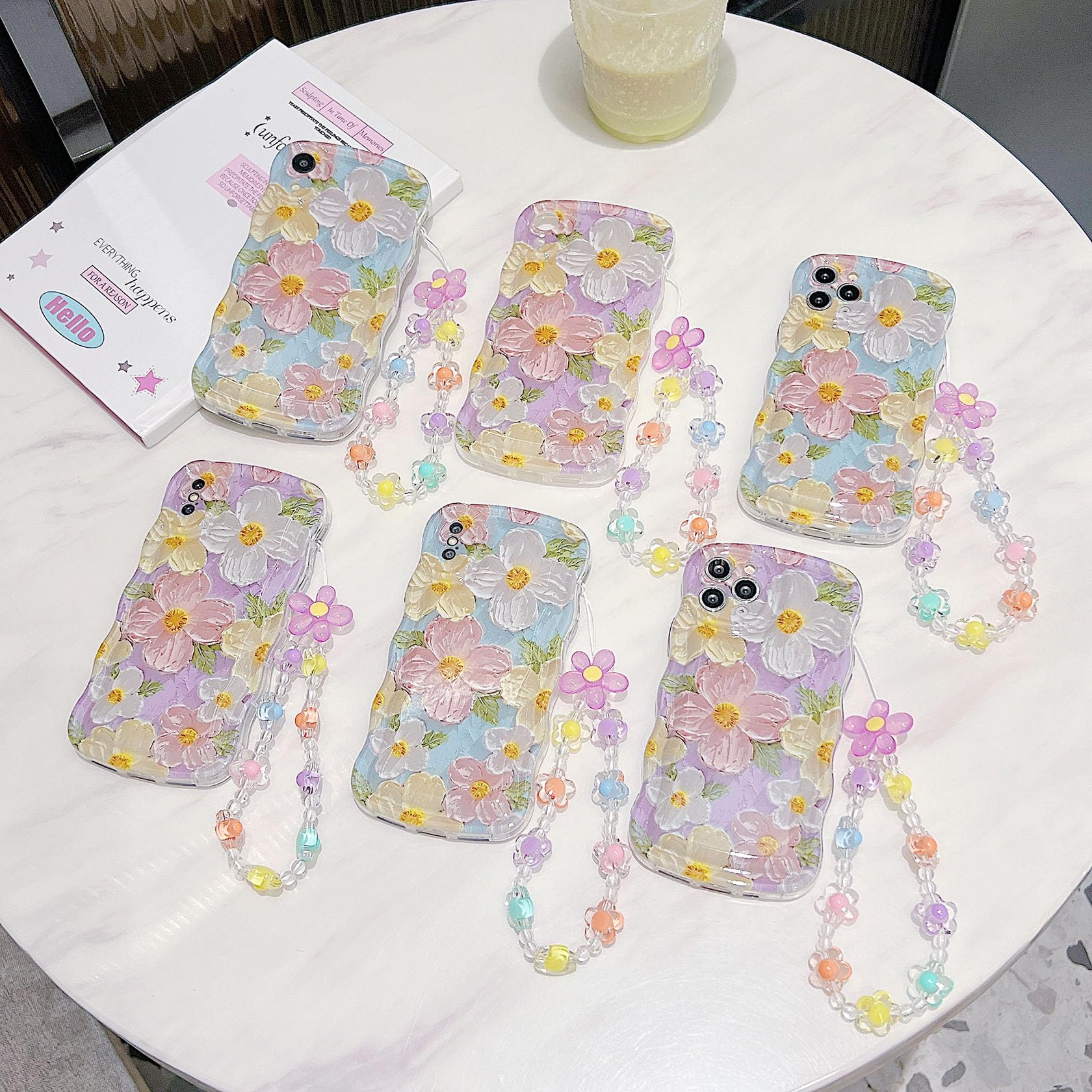 For Iphone X Iphone Xs Curly Wavy Case, Cute Colorful Retro Oil Painting Flower Glossy Pattern [With Bead Chain], Slim Fit Shock