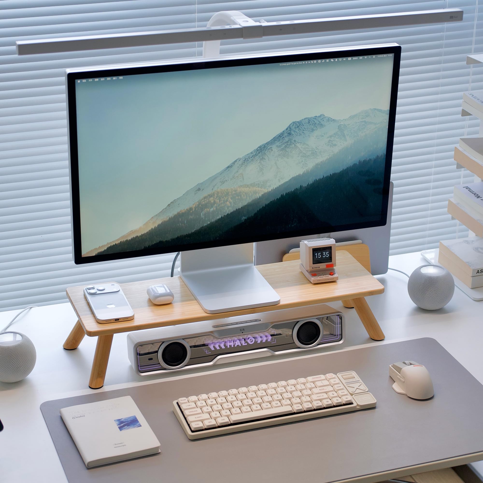 ROCDEER Bamboo Monitor Stand Riser with Cable Routing Slot, Ergonomic Computer Shelf for Desk, Natural Wood Desktop Organizer fo