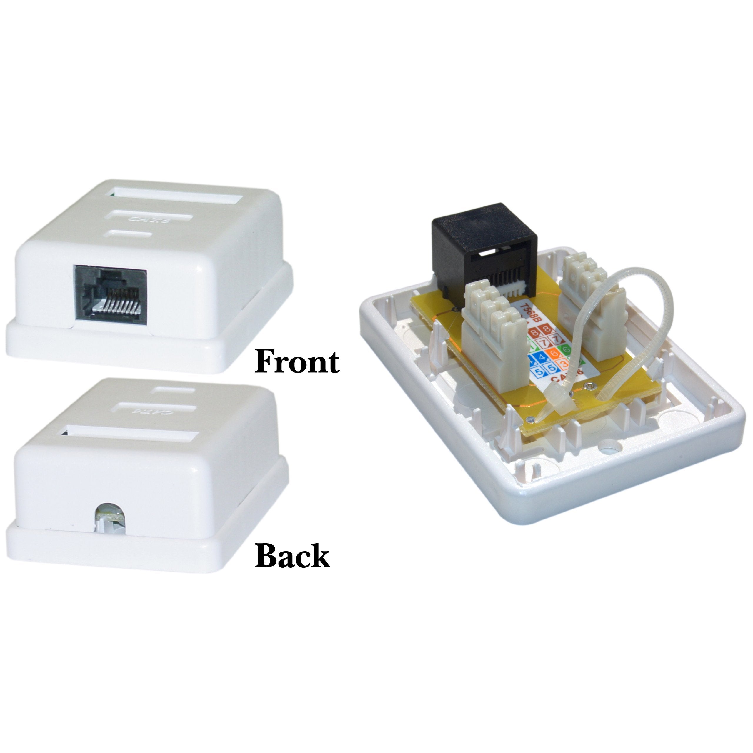 Cat6 1 Port Surface Mount Box, Rj45 Unshielded Female Port, White, Single Jack Surface Mount Box (With Cable Tie), Cablewholesal