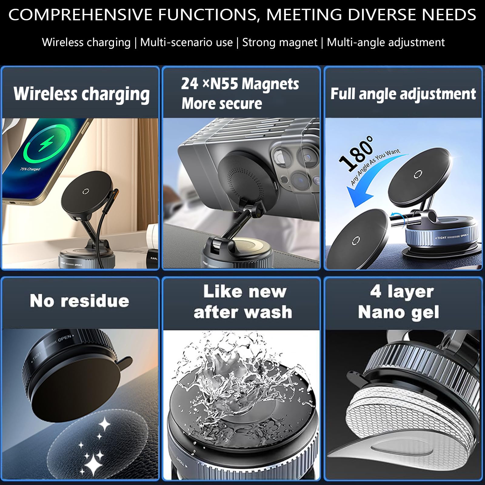 Wireless Charger Car Phone Holder For Magsafe,360Adjustable Vacuum Magnetic Phone Holder Suitable For Non-Smooth Surfaces,Compat