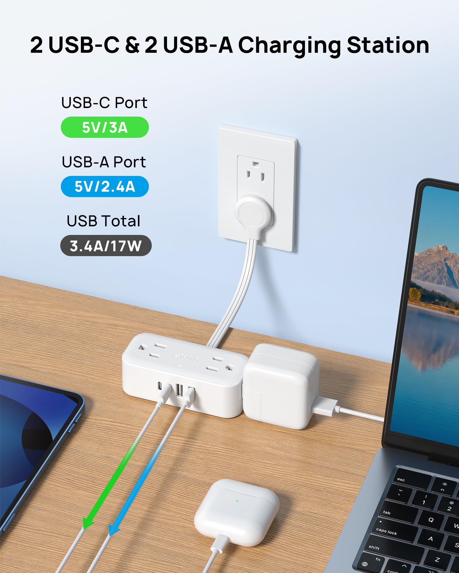 Trond Outlet Extender With 6 Inch Cord, Flat Plug Adapter For Inverted Sockets, 4 Electrical Sockets, 4 Usb Ports, Multi Plug Wa