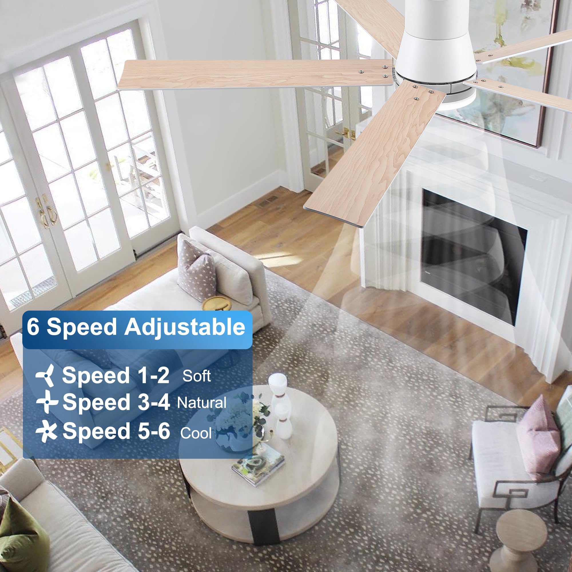 60 Inch Ceiling Fans With Lights And Remote,Flush Mount White Ceiling Fan With 5 Blades,6 Speed Reversible Dc Motor,3Cct Dimmabl