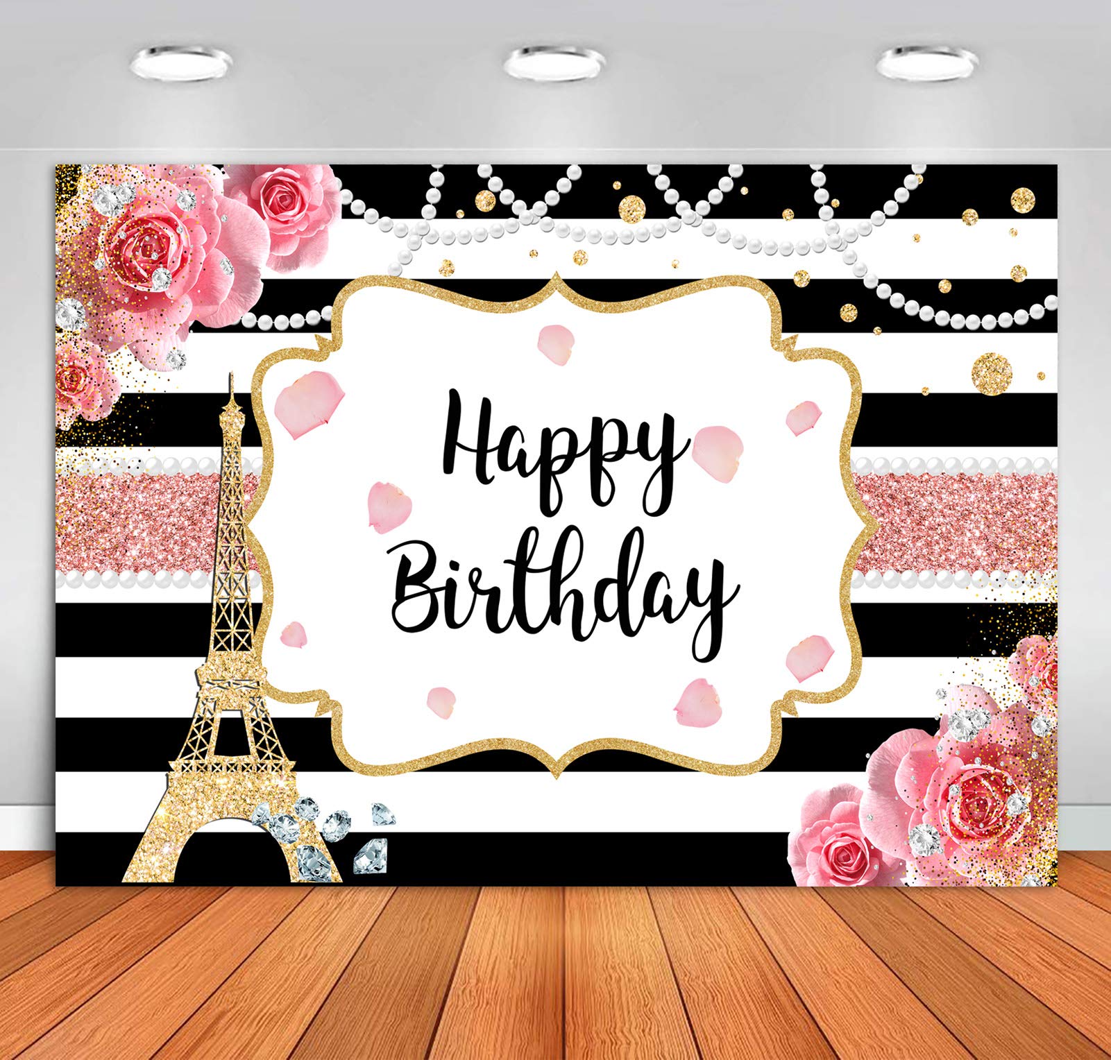Sensfun Paris Birthday Backdrop Eiffel Tower French Theme Birthday Photo Background 7X5Ft Pink Roses Ooh La La Black White Stripes Floral Happy Birthday Backdrops Decorations