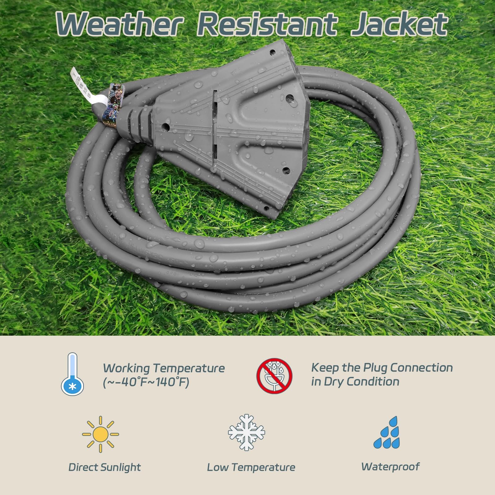 Ep 10 Ft Outdoor Extension Cord With 3 Electrical Power Outlets   16/3 Sjtw Grey Cable With 3 Prong Grounded Plug For Safety Gre