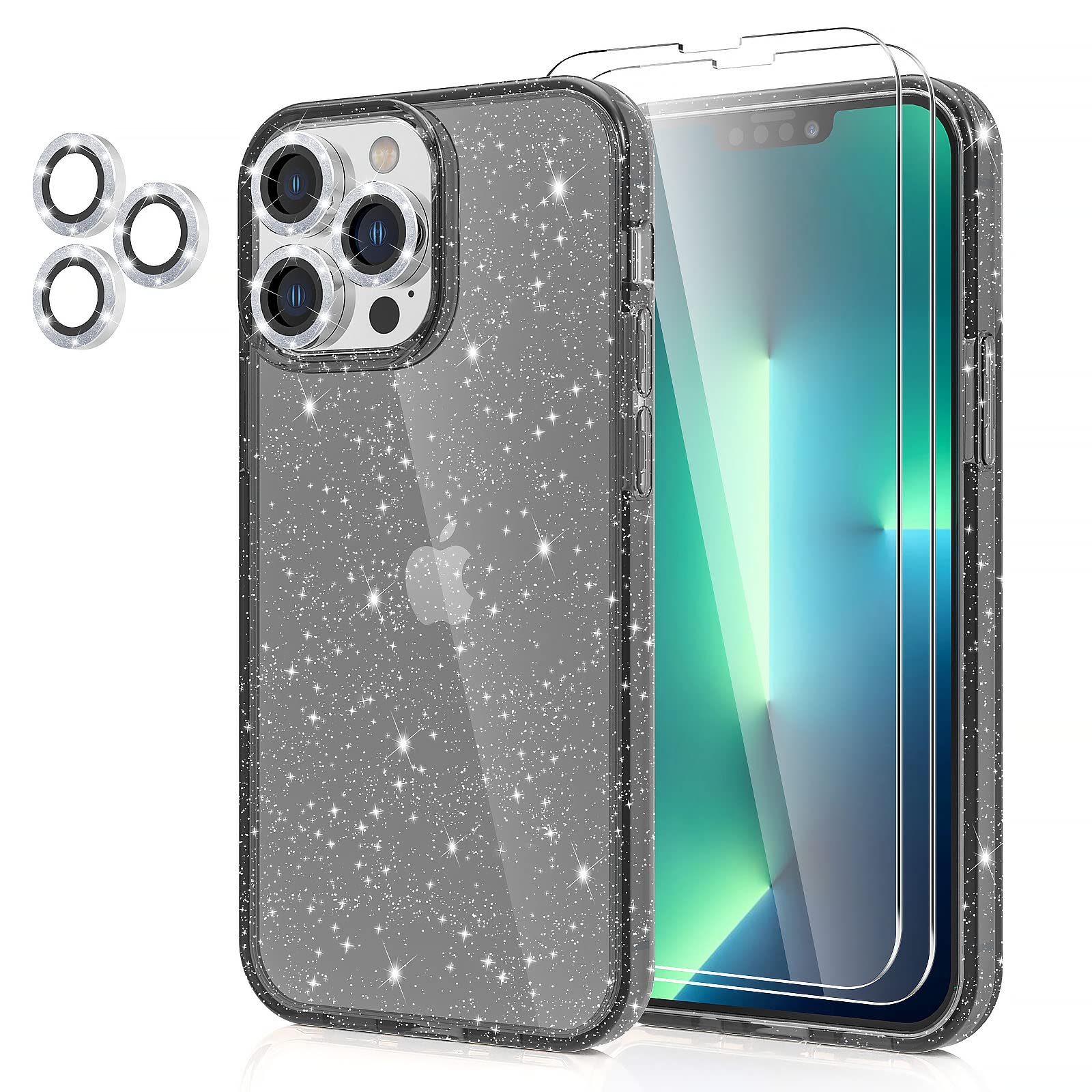 Jasmeas Design For Iphone 13 Pro Max Case Glitter, With [2 Pack] Screen Protector & [3 Pack] Camera Lens Protector Sparkle Pc Ha
