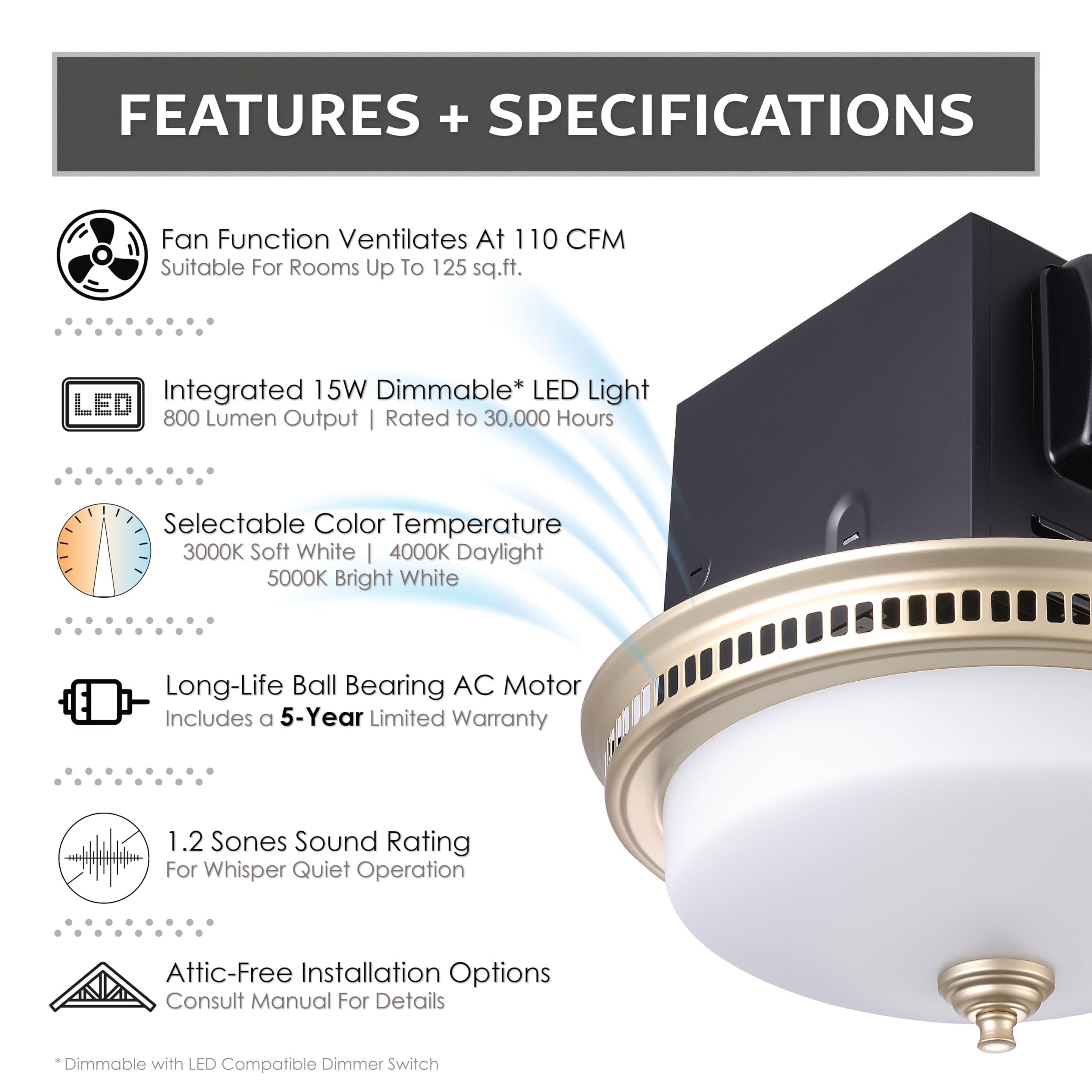 Decorative Round Matte Gold 110Cfm Bath Fan W/Integrated Led Light And Glass Globe