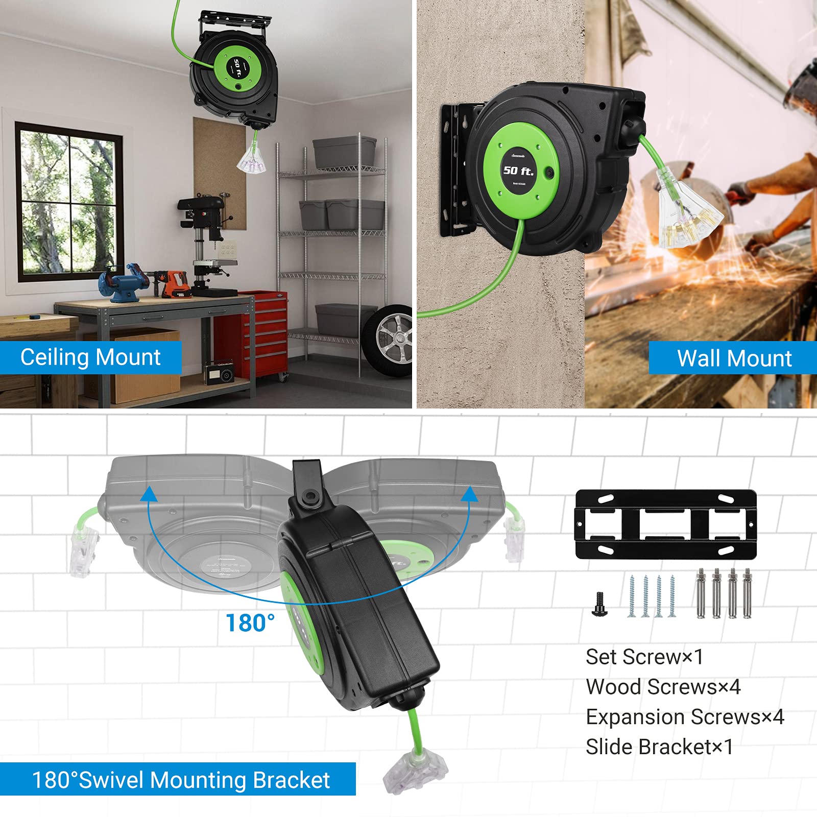 Dewenwils Retractable Cord Reel, 50Ft Extension Cord Reel, 14Awg/3C Sjtow, Grounded Outlets Lighted Triple Tap, 13 Amp Circuit B