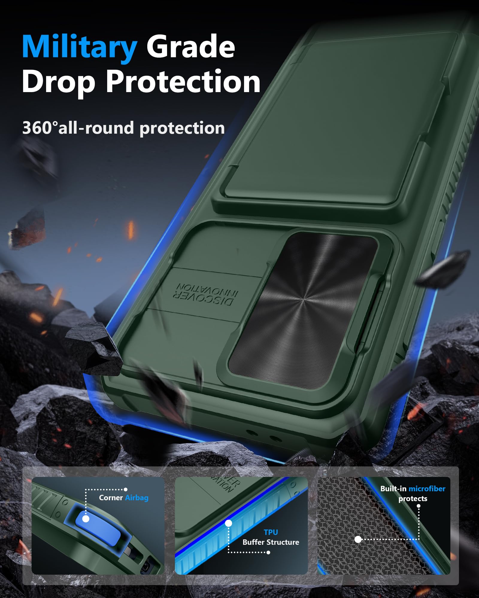 Atatoo For Samsung Galaxy S24 Fe Wallet Case With Card Holder(Store 4 5 Cards) [Rfid Blocking] & Sliding Camera Cover, Military