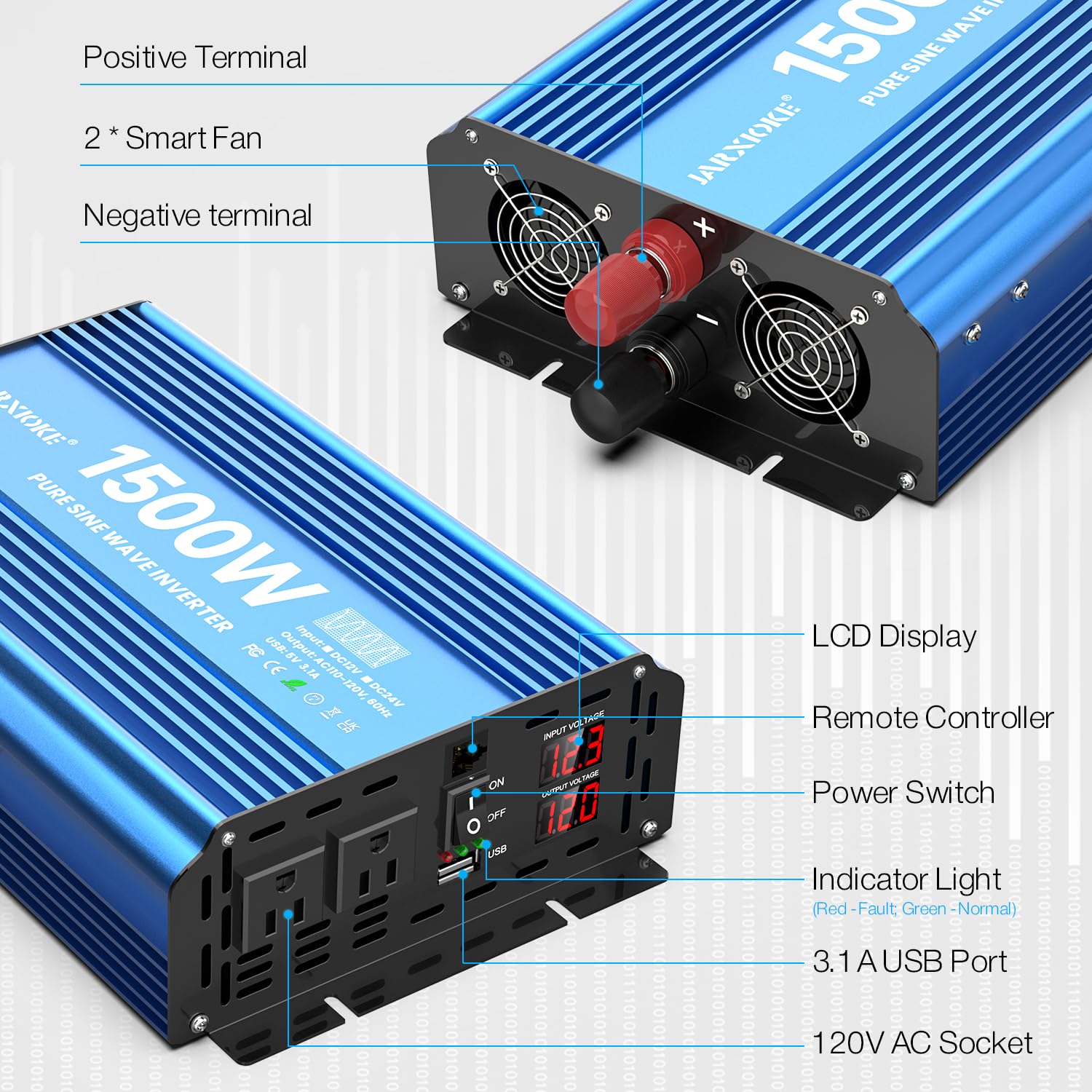 Jarxioke 1500 Watt Pure Sine Wave Power Inverter, 12 Vdc To 110 Vdc To 120 Vdc, For Home, Rv And Off-Grid Solar Systems, With 2