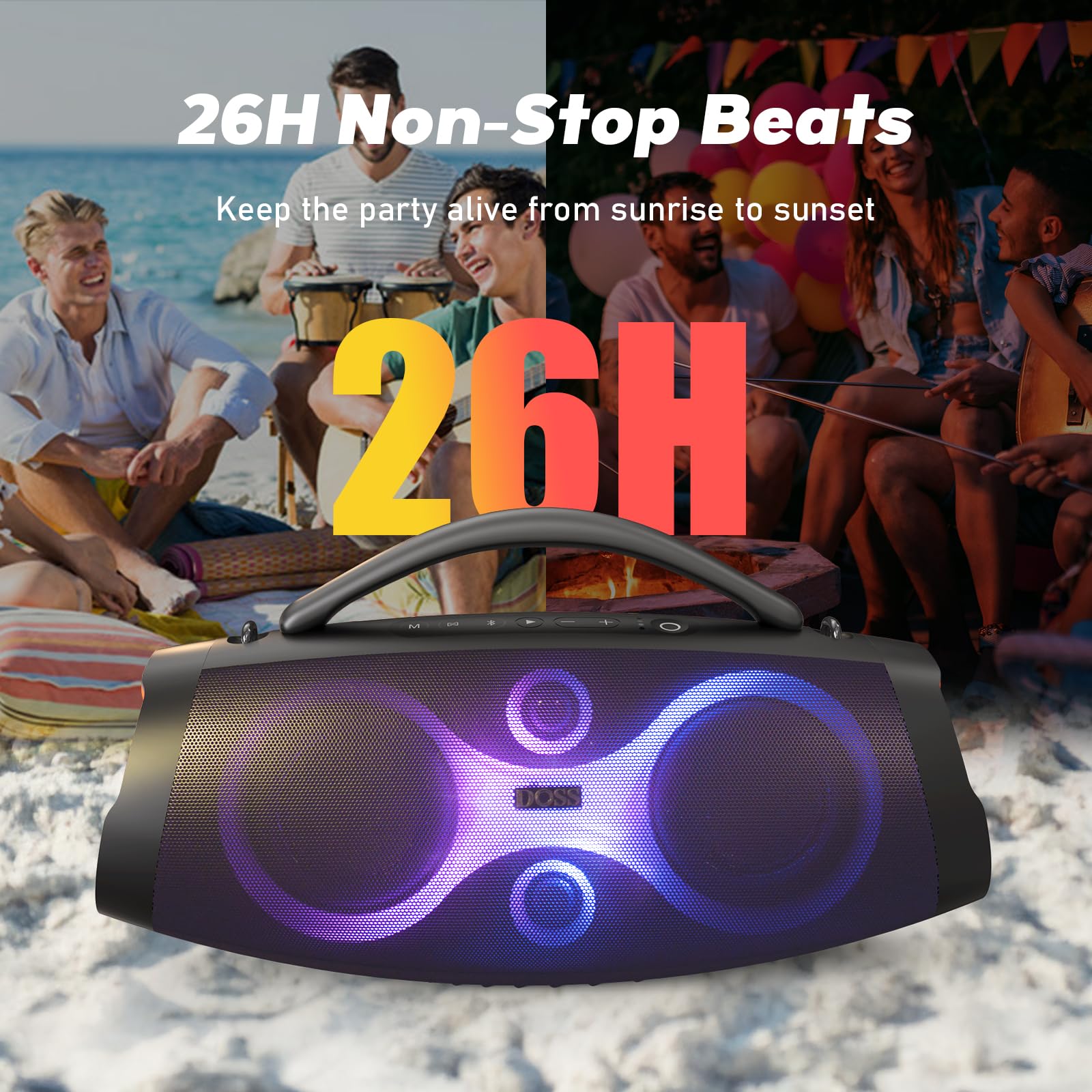 Doss Extreme Boom Pro D200 240W Peak Outdoor Speaker, Punchy Bass, 26H Playtime, Beat-Synced Light, Bt5.4, Stereo Pairing, Ipx6