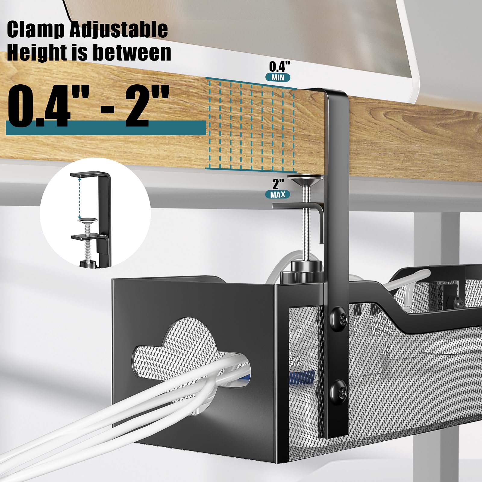 Under Desk Cable Management Tray, Litwaro Cable Management Under Desk No Drill, 25'' Metal Cable Tray With Clamp For Desk Wire M