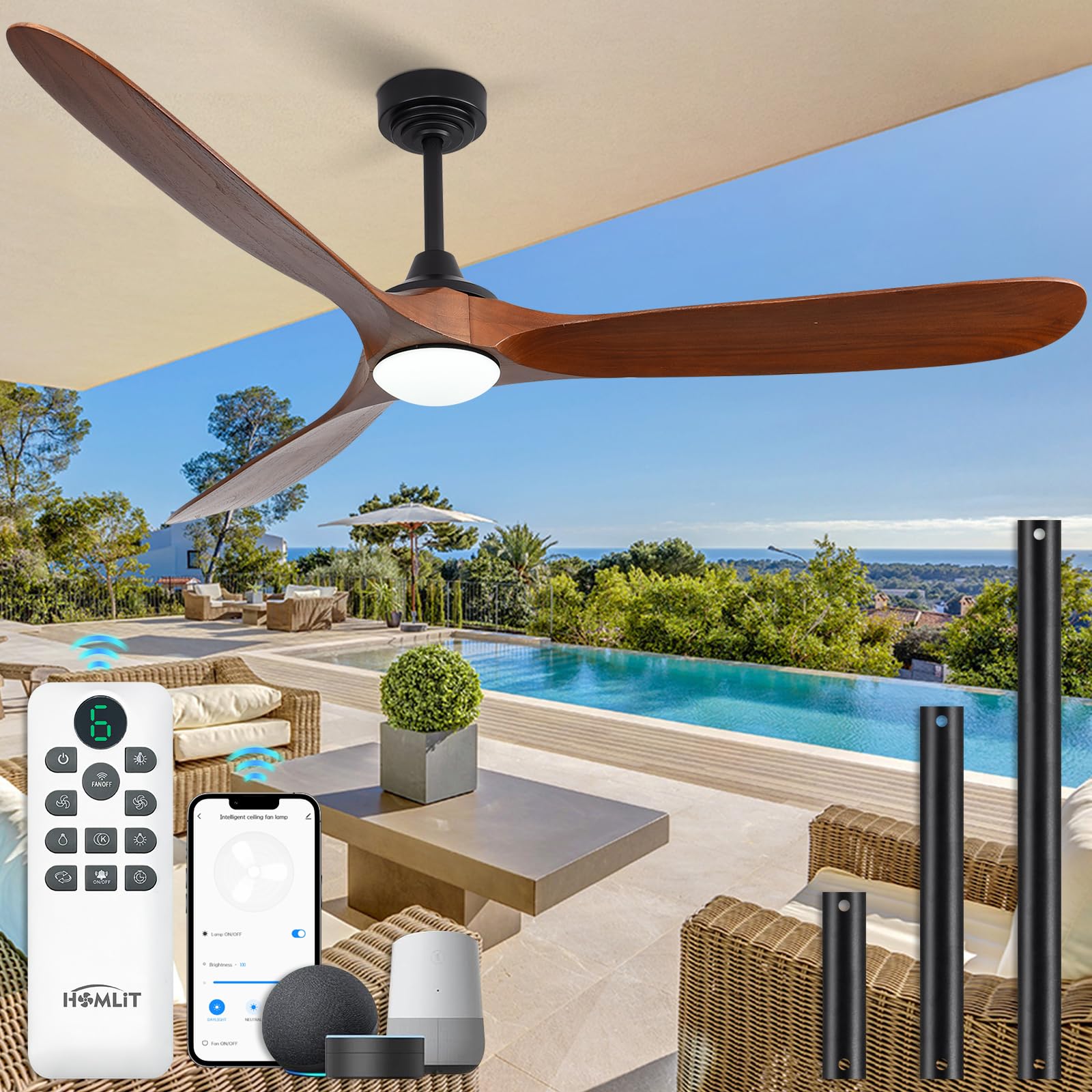 Homlit Ceiling Fan with Lights, 72 Solid Wood Indoor/Outdoor Ceiling Fan with Quiet Reversible DC Motor, Control with WIFI Ale