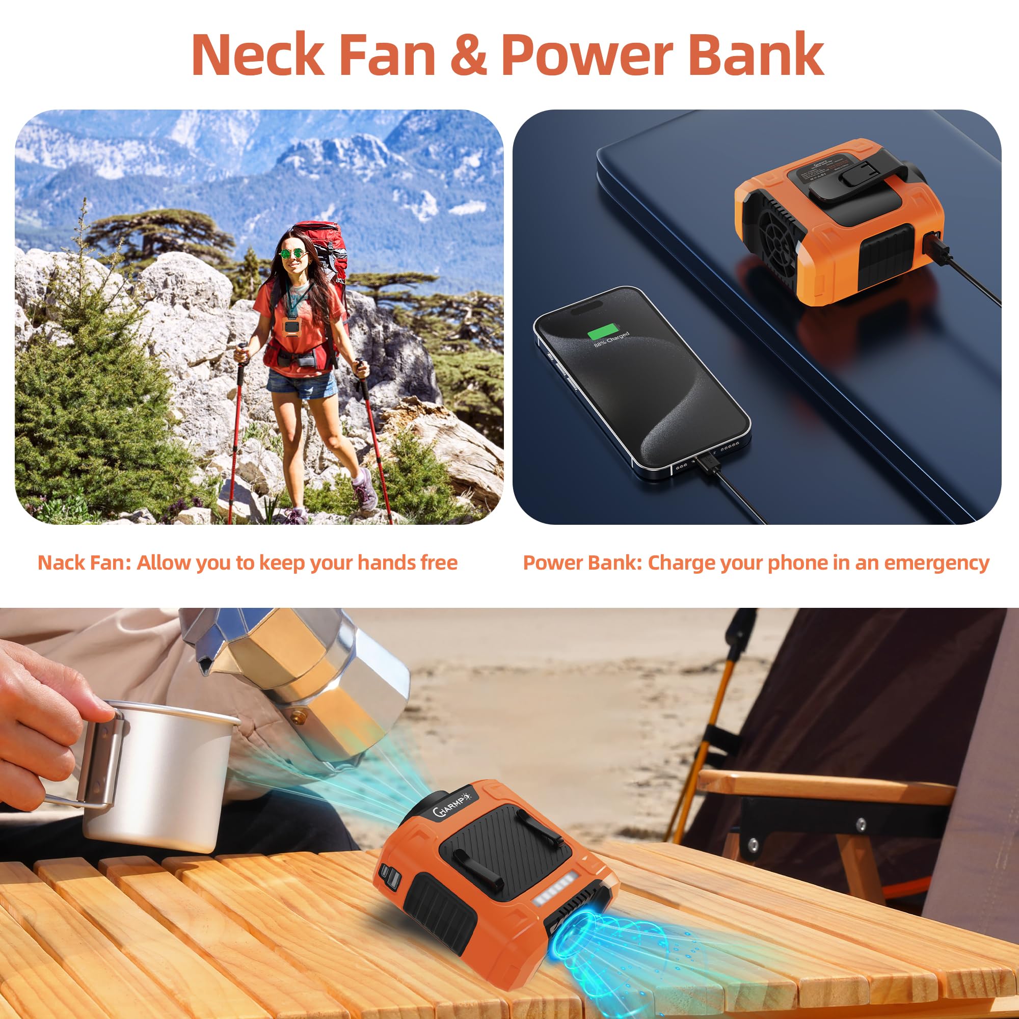 Charmp? Waist Fan   Portable Neck Fan With 10000Mah Battery, 24 Hour Runtime, Led Sos Light, 3 Speeds, 15500Rpm Strong Airflow