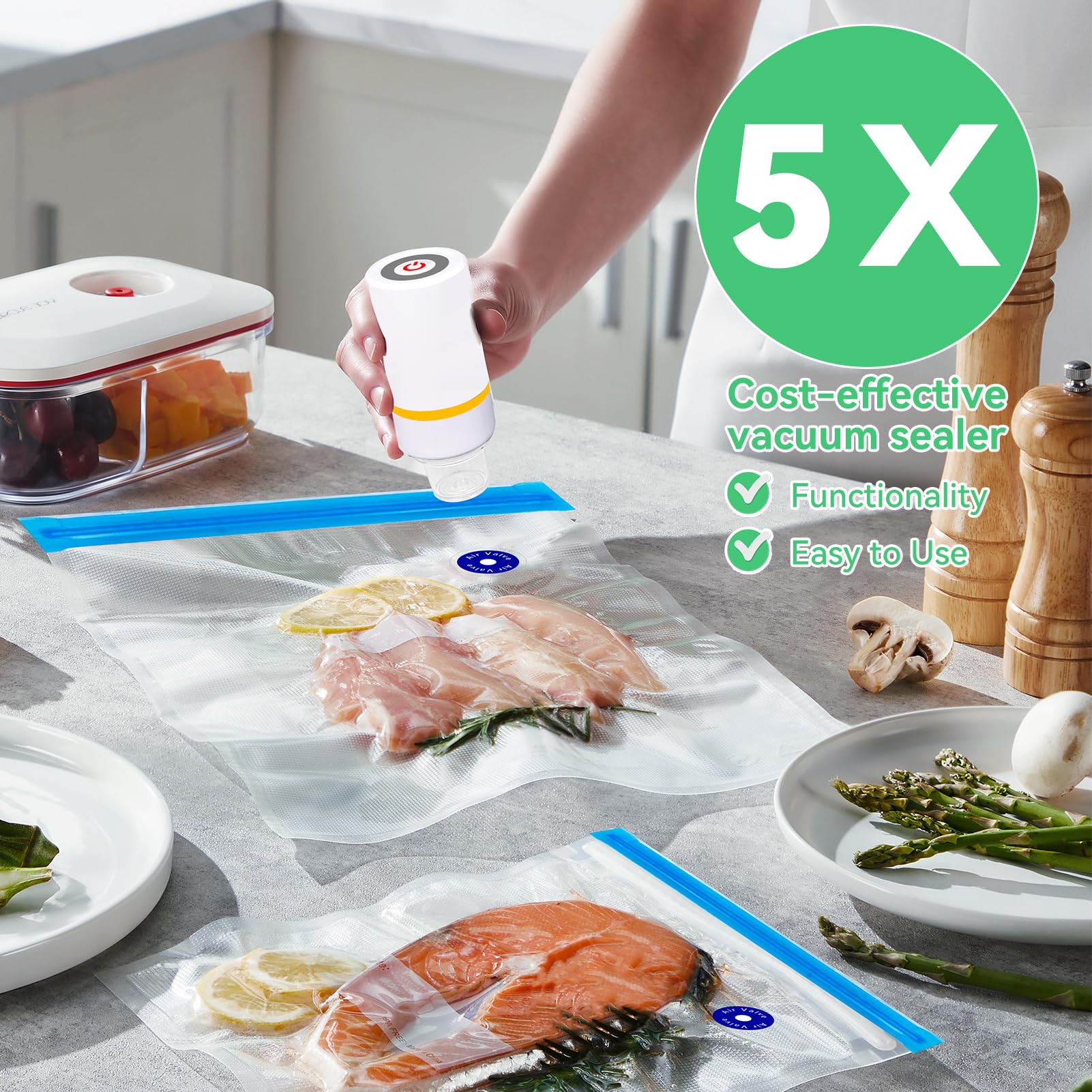 Sous Vide Bags, 42 Pcs Electric Food Vacuum Sealer Set For Anova, Joule Cookers  30 Pcs Reusable Storage Sealer Bags,5 Clips & 5