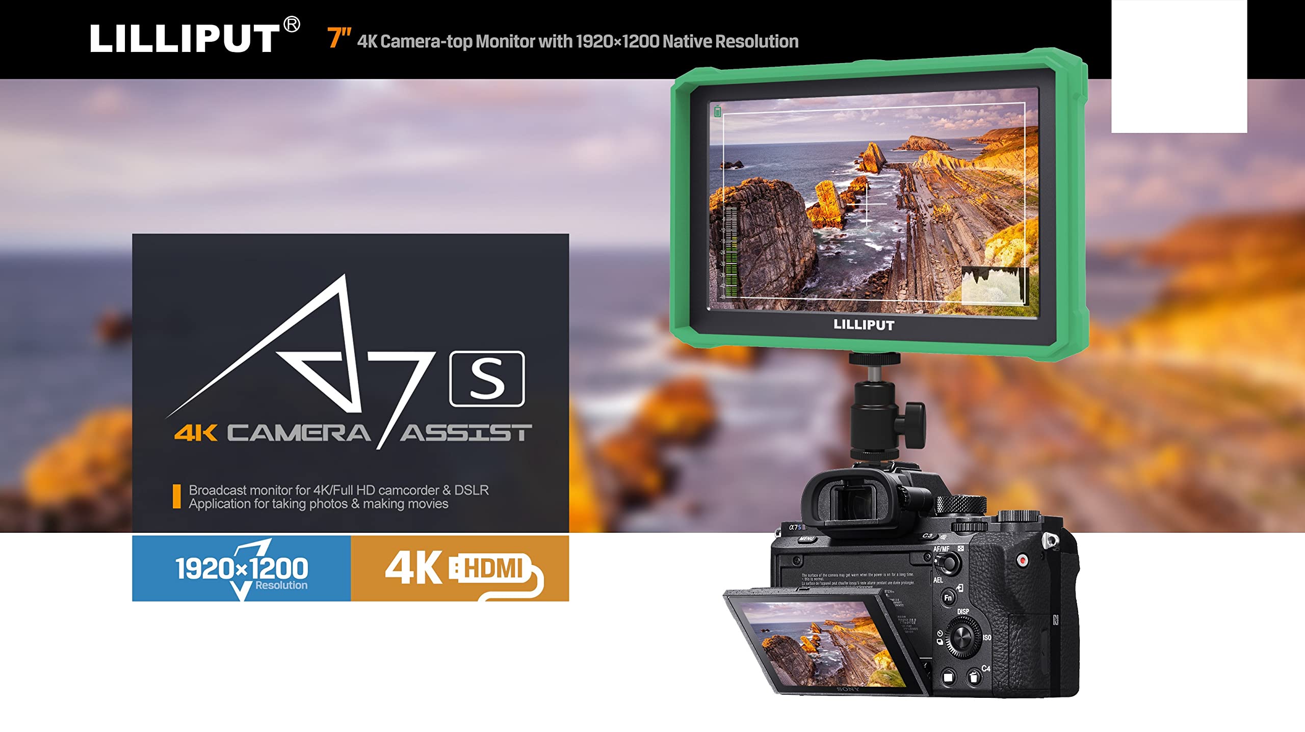 Lilliput A7S 7 Inch Ips 4K Hdmi Camera Field Monitor Video Assist Full Hd 1920X1200 Dslr Monitor With Peaking Focus False Colors