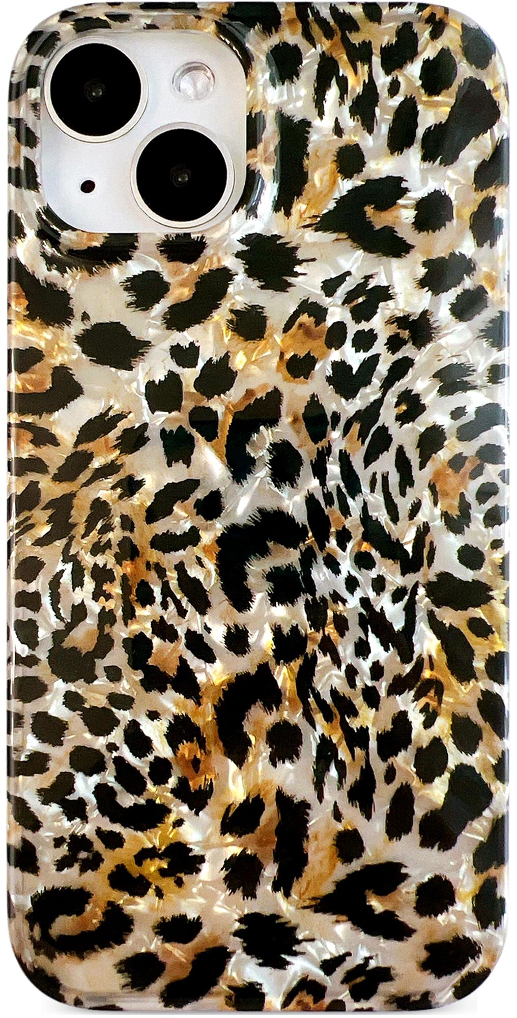 Qokey Case for iPhone 15 Plus/14 Plus 6.7 inch, Sparkly Translucent Seashell Layer for Women, Soft Classical Cheetah Pattern Pri