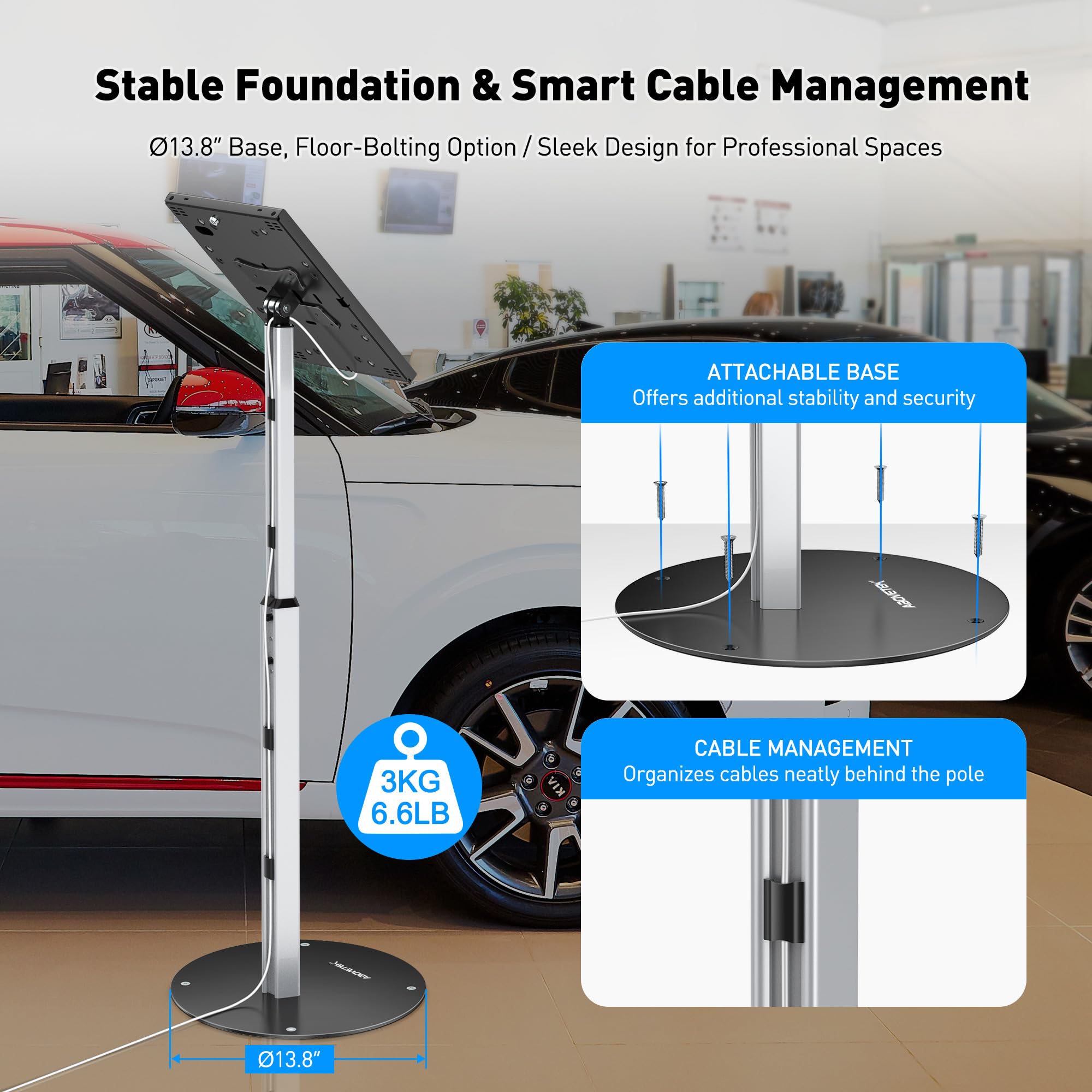 Abovetek Anti Theft Ipad Floor Stand, Robust Security Kiosk Pos Tablet Stand, Height Adjustable Secure Holder Enclosure W/Lock A