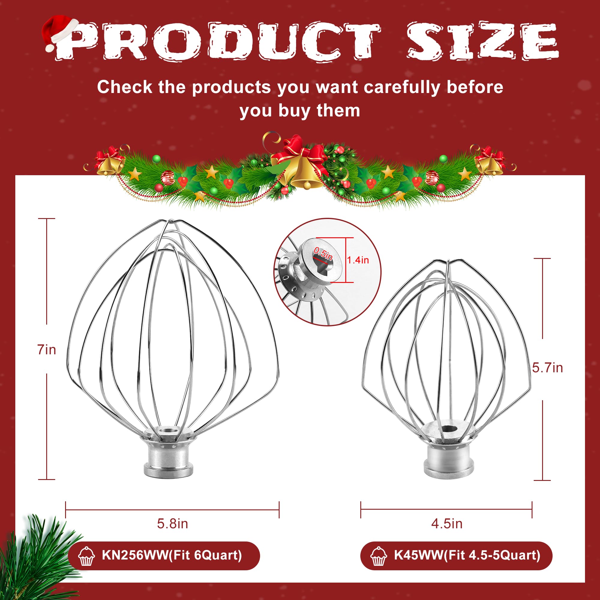 Kn256Ww 6 Wire Whip Kitchen Mixers Attachment Fits For 6 Quart Bowl Lift Stand Mixer Accessory Replacement,Stainless Steel Whisk