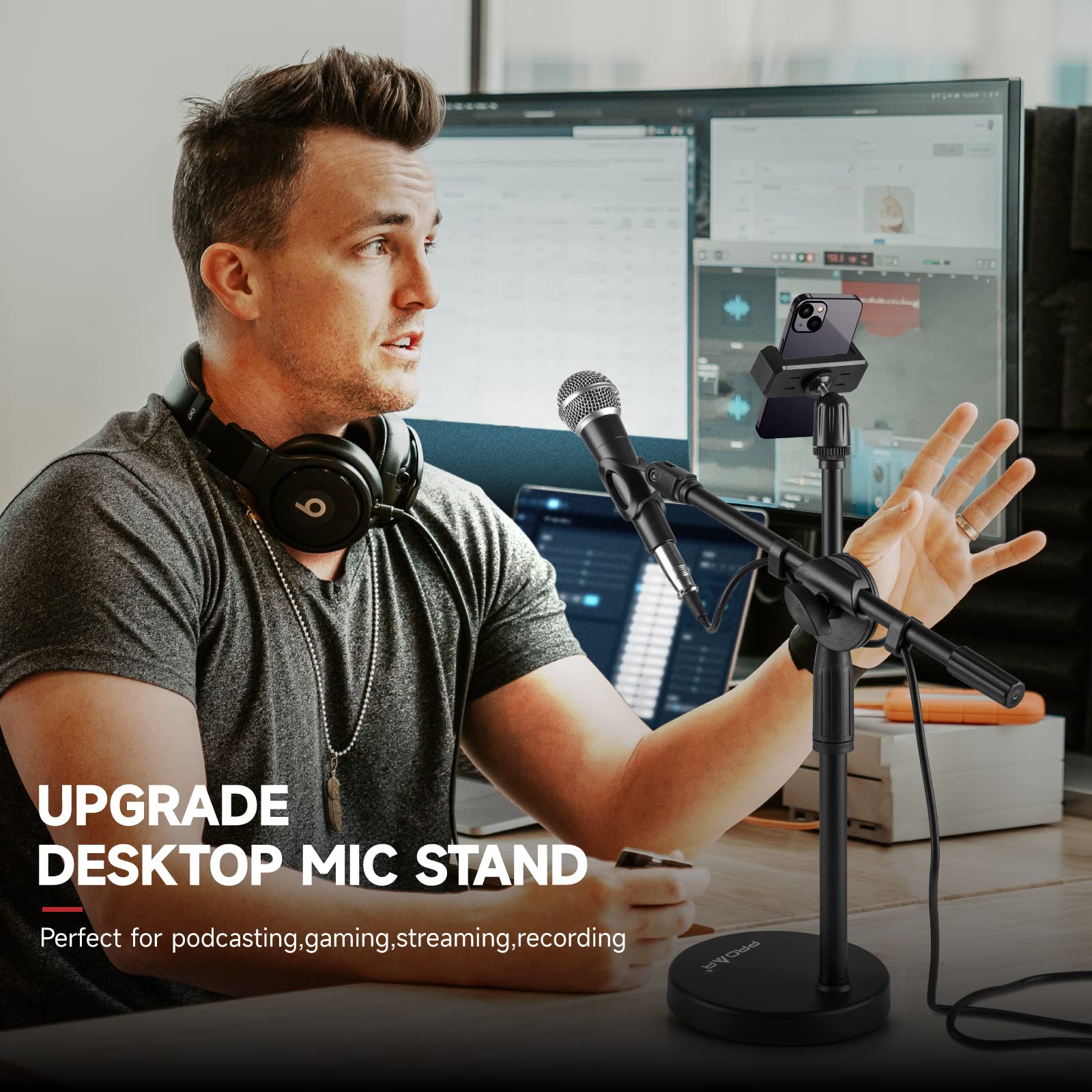 Microphone Stand Desk Adjustable Desktop Microphone Stand With Boom Arm Upgraded 3 In 1 Table Phone/Mic Stand With Microphone Cl