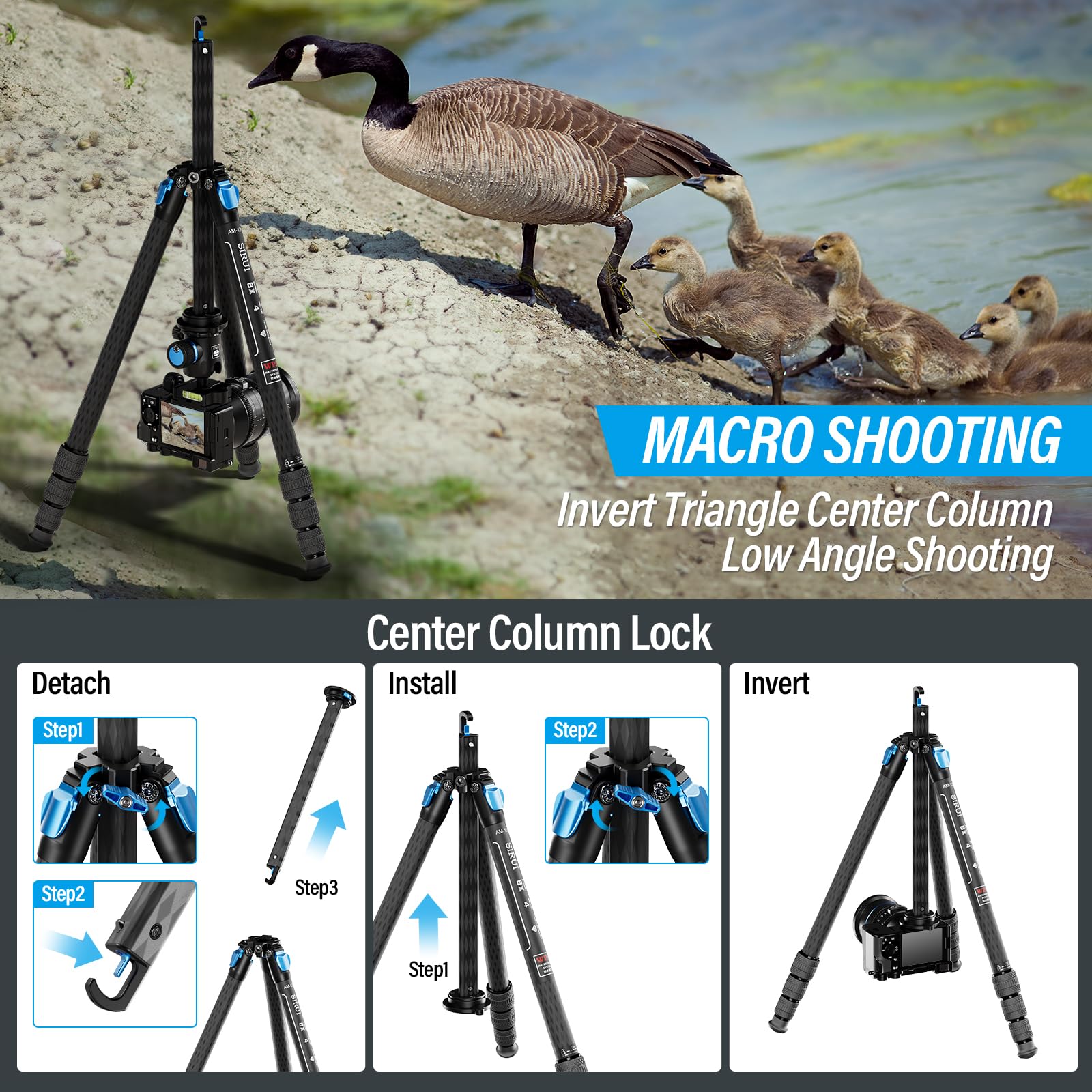 Sirui Am 124 Carbon Fiber Tripod With Triangular Center Column, 62.6' Compact Traveltripod For Camera, 4 Sections, Waterproof Twist Lock, Load 26.5Lbs