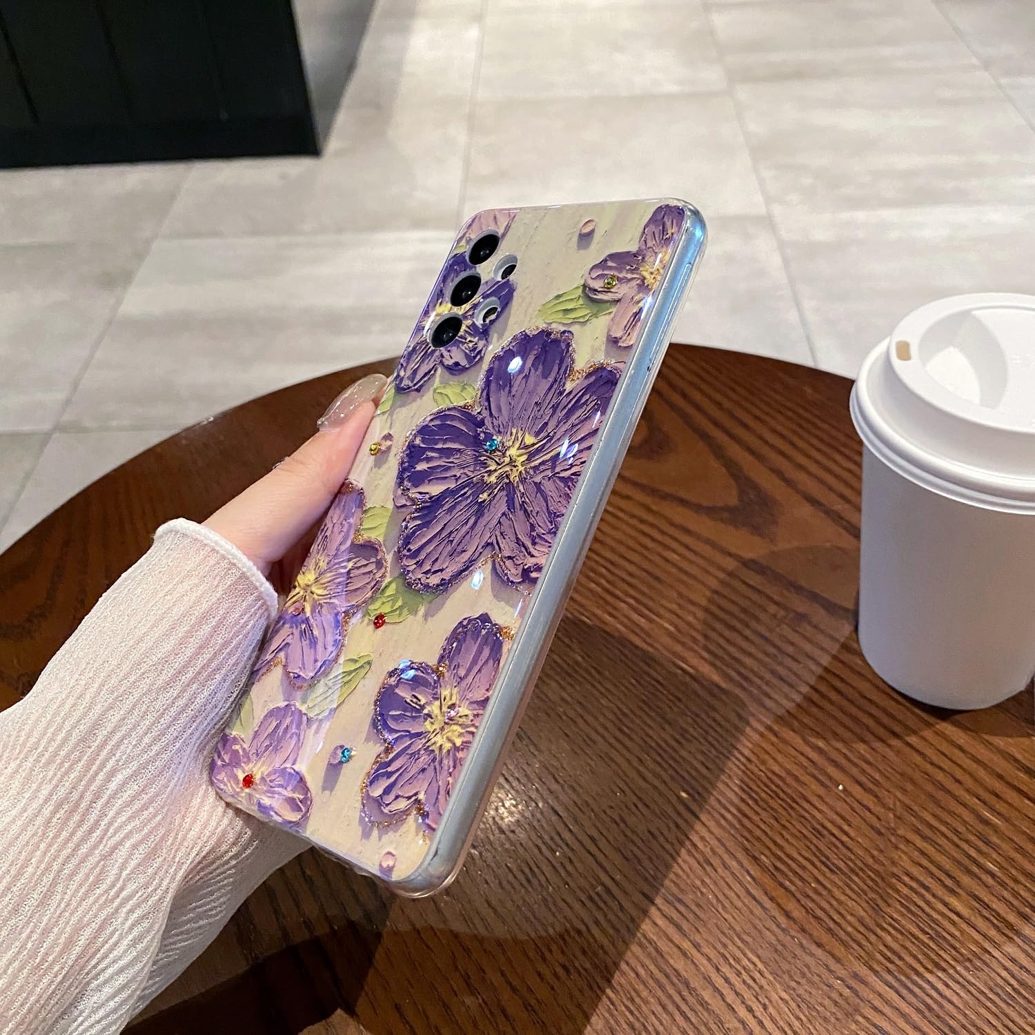 Leleyun Case For Samsung Galaxy A32 5G, Retro Oil Painting Printed Flower Cute Pattern With Glitter Gem Phone Cover Durable Tpu