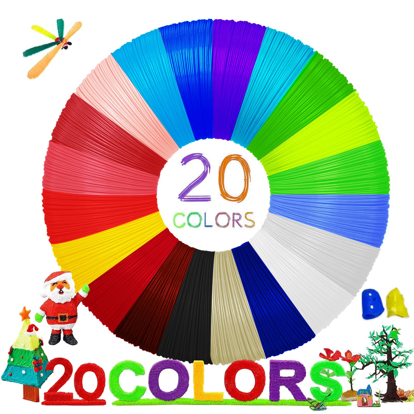 Giantarm 3D Pen Pla Filament Refills?20 Colors 1.75Mm Pla Filament Pack, Each Color 16 Feet, Total 320 Feet, Pack With 2 Finger