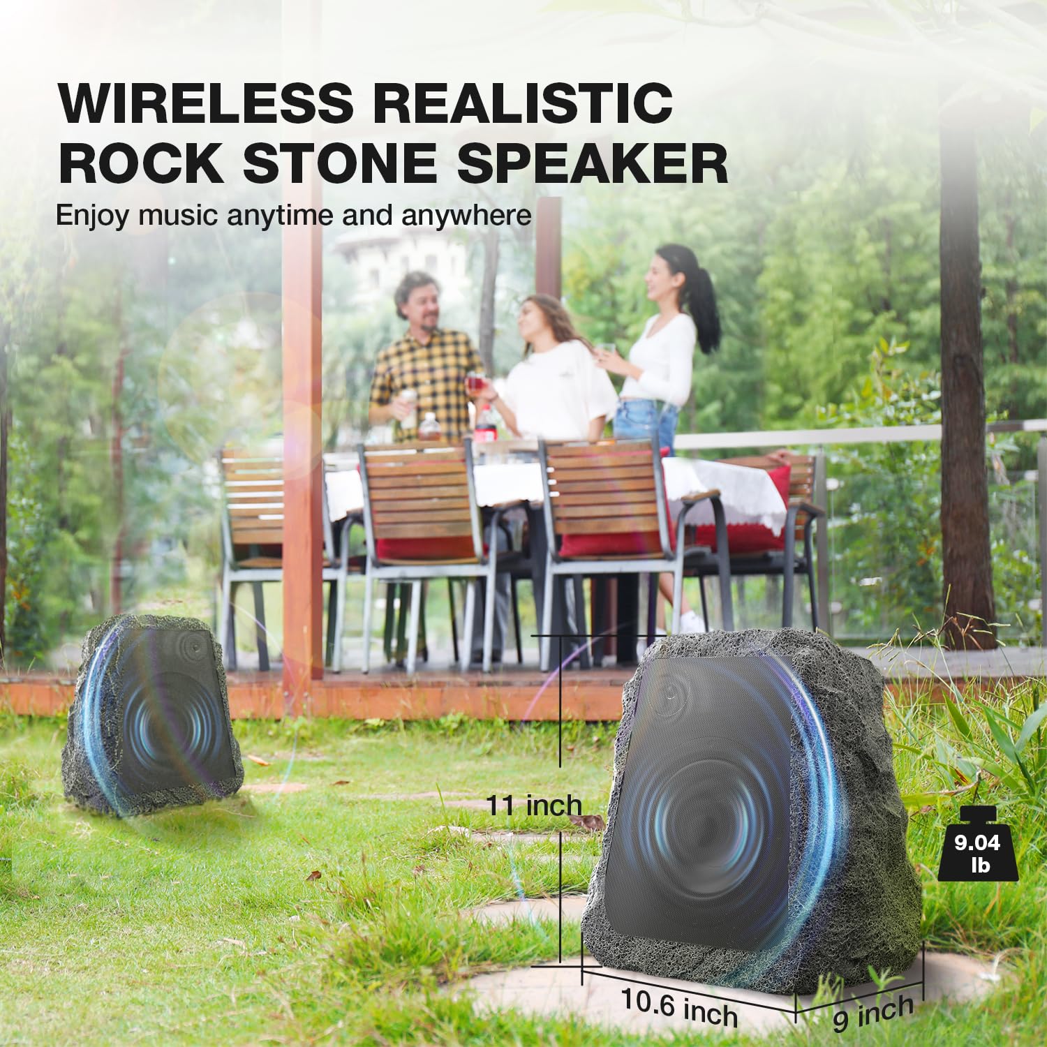 Blitzrock Wireless Outdoor Rock Speakers, 80W 2-Driver Outdoor Speaker Solar Powered, Easy Pairing, Auto-Sync For 100+ Speakers,