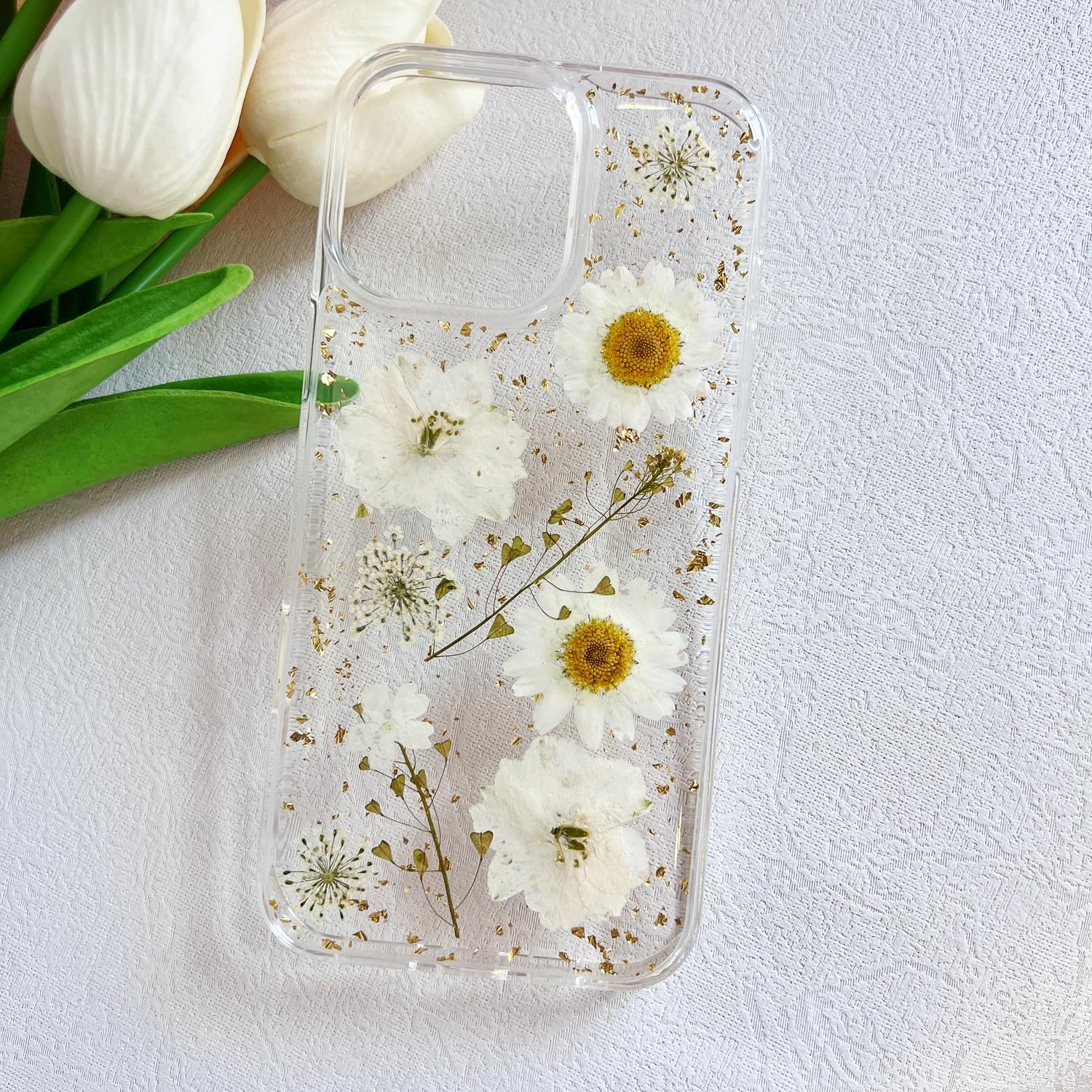 Lseeka For Iphone 16 Pro Clear Case With Pressed Real Flowers Design,Glitter Cute White Floral Pattern Slim Soft Tpu Protective