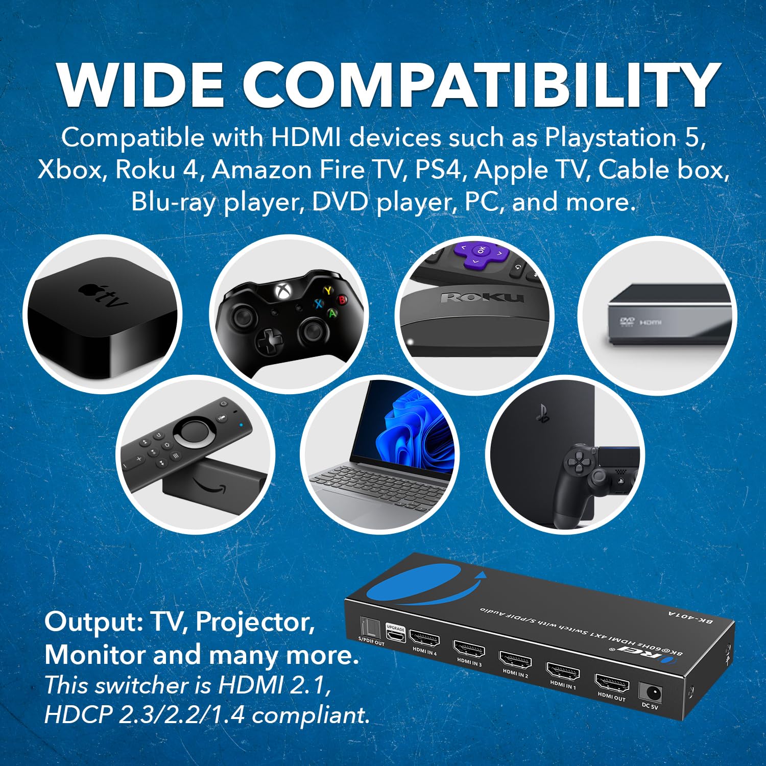 Orei 8K Hdmi 2.1 Switch 4X1, Switcher With Audio Extractor Ultrahd Supports Upto 4K @ 120Hz Ps5, Xbox, Gaming, Remote Contorl Ir