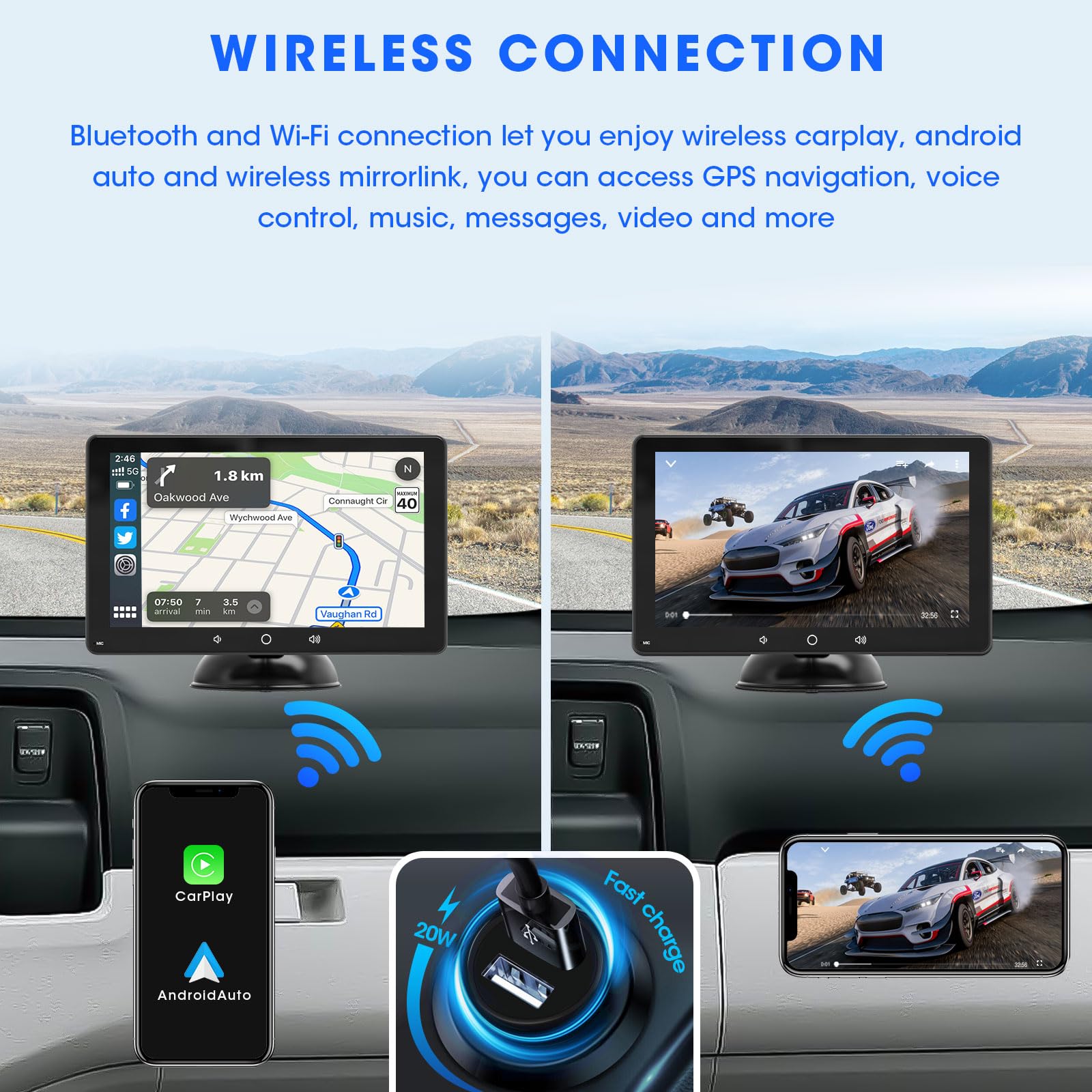 Wireless Apple Carplay Android Auto: Portable 7 Inch Qled Touch Screen Car Stereo   Bluetooth 5.0 Mirror Link Steering Wheel Con